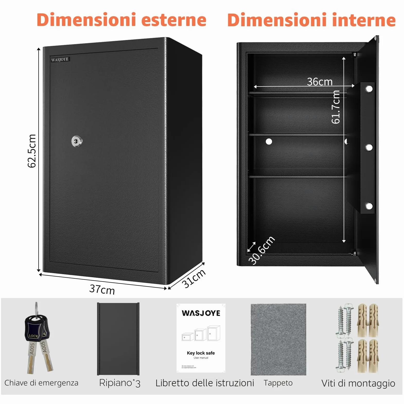 WASJOYE Cassaforte con Chiave, Cassaforte a Muro con Serratura 2 Chiaves (63×37×31cm), Cassetta di Sicurezza da Pavimento, Casa/Ufficio Casseforti da Armadio per Soldi Telefono Medicina Passaporto