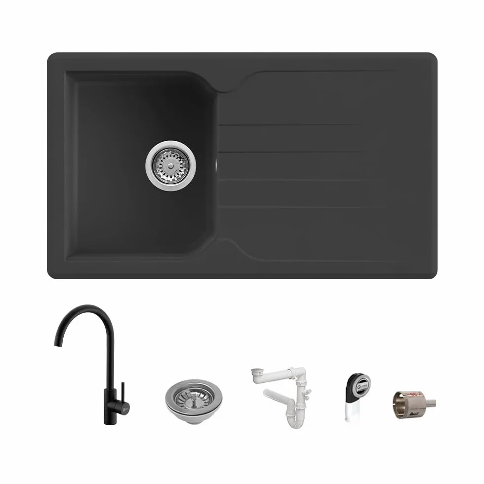 Set Lavello Prime 861 86×50 Nero Granito e Miscelatore First Monocomando Canna Girevole Nero Quareco