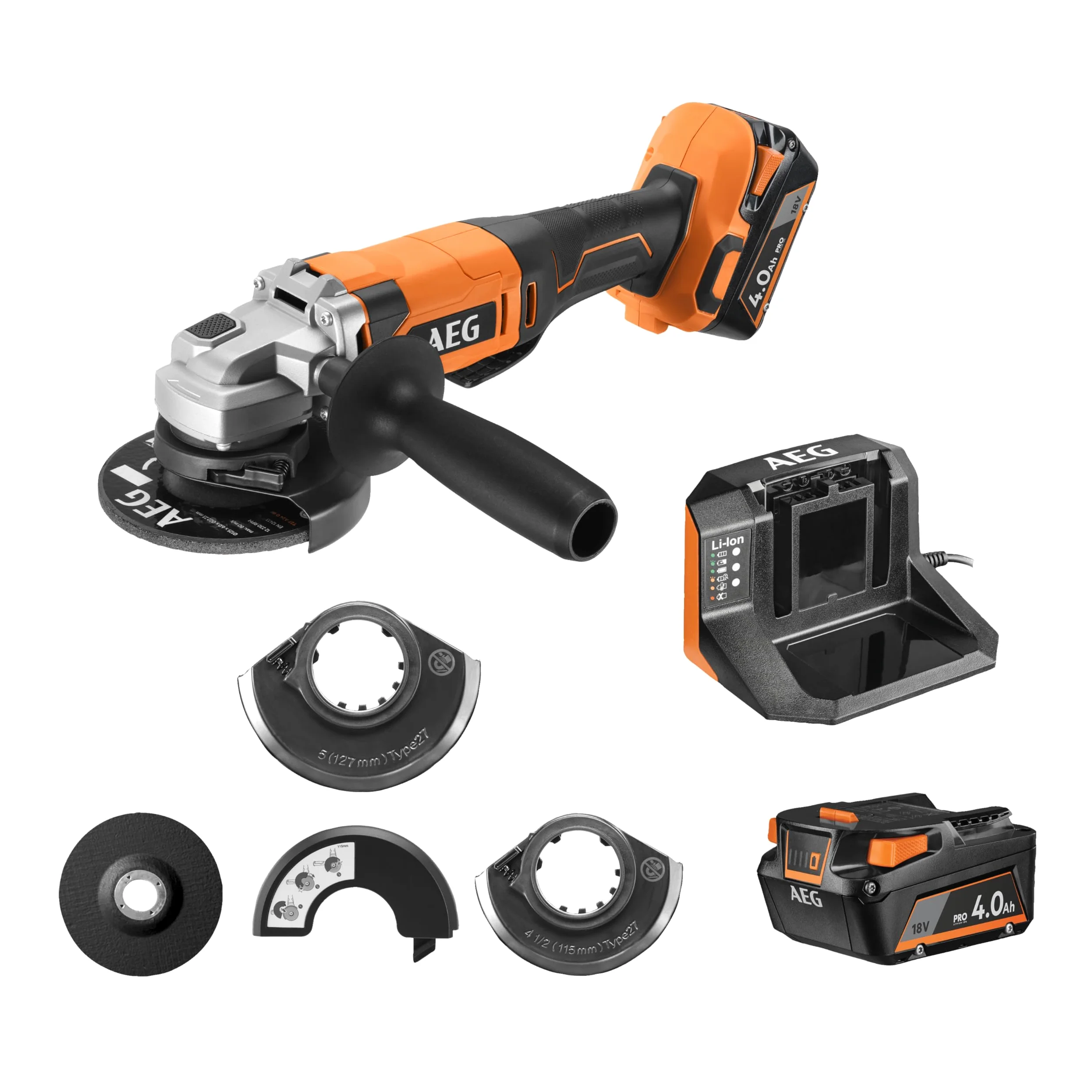 AEG - Smerigliatrice 125 mm senza fili 18 Volt, 9200 giri/min con 2 batterie Pro litio 4,0 Ah, caricatore e borsa - BEWS18-125X2-402B