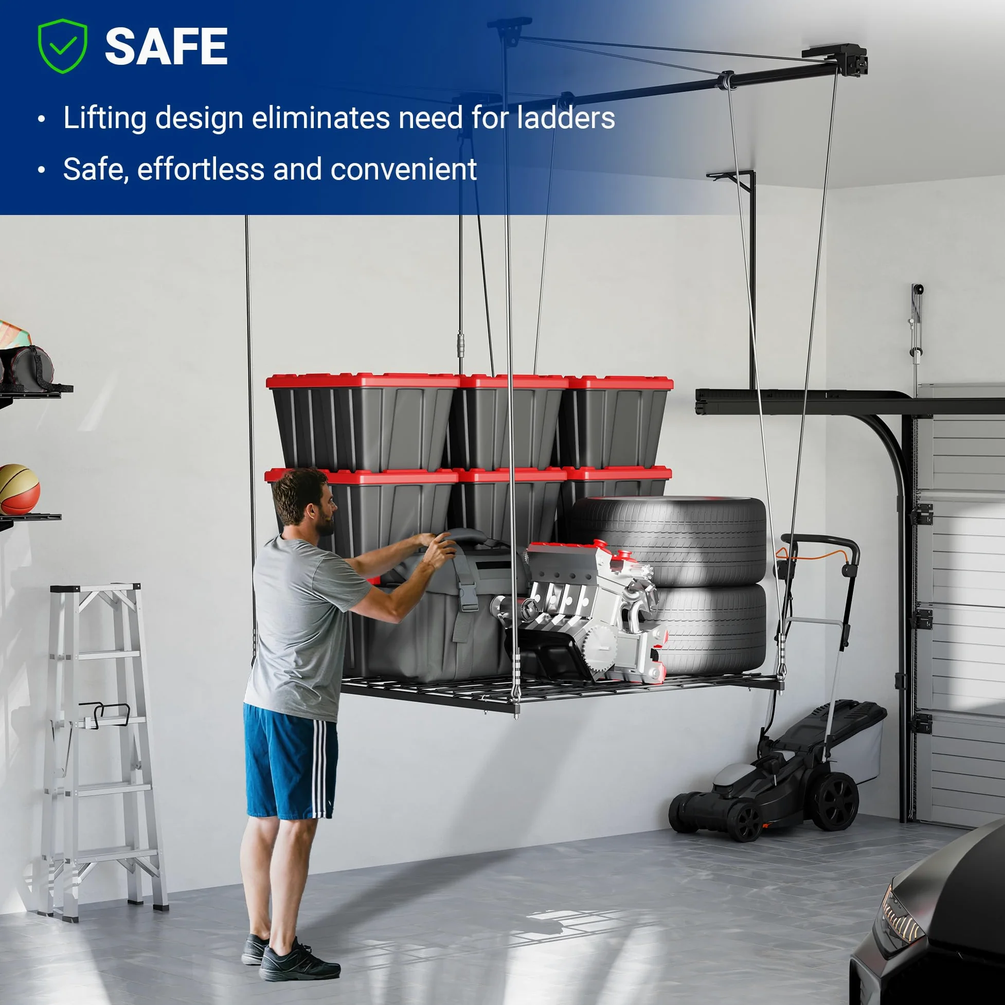 FLEXIMOUNTS GL1 - Scaffale di sollevamento per garage, 1,2 x 1,2 m, in metallo resistente, sistema di organizzazione regolabile con asse da 180 cm, peso 136 kg, nero