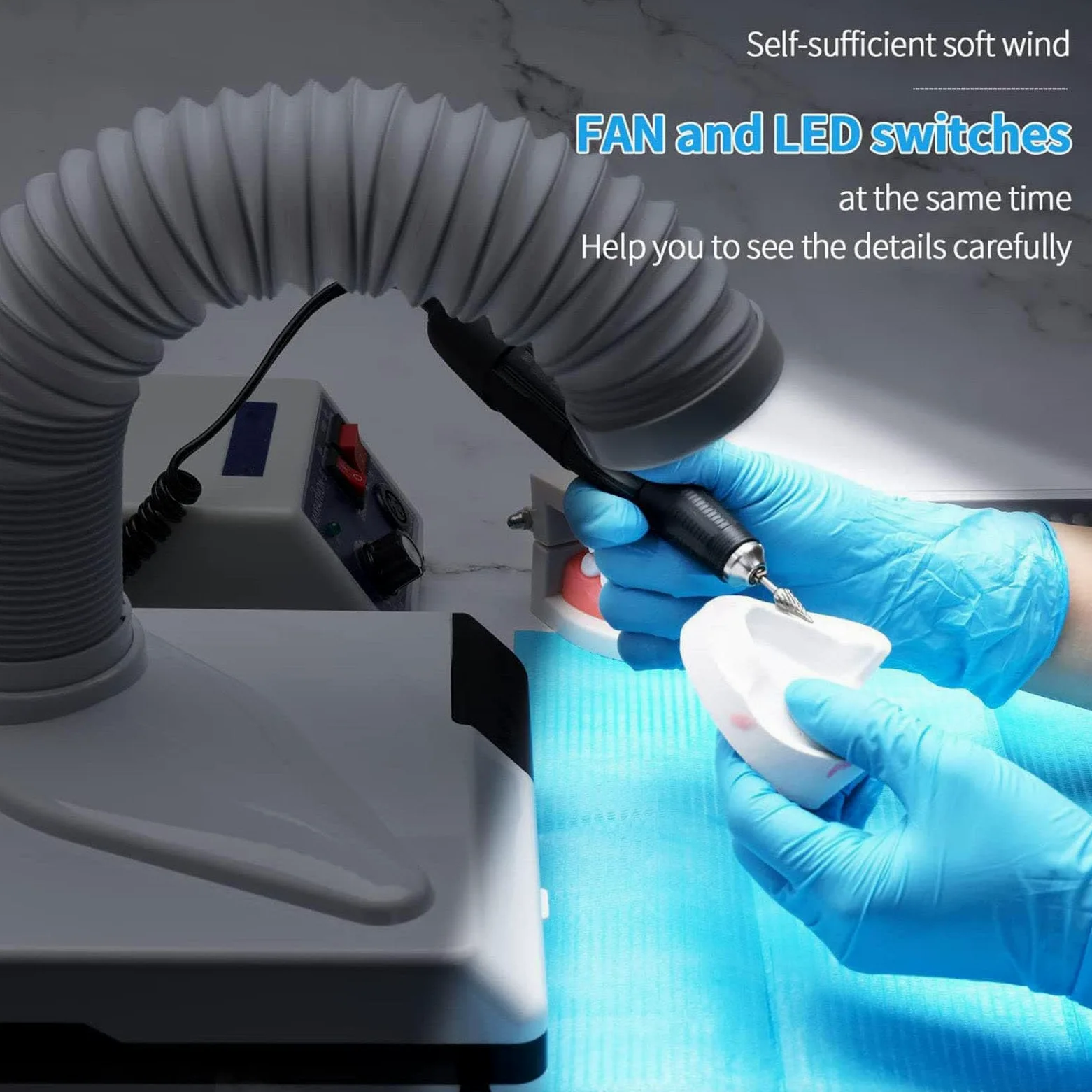 Aspiratore di polvere for lucidatura dentale, aspiratore di polvere for laboratorio odontotecnico, aspirapolvere dentale da tavolo con ventola e tubo telescopico a LED, design a gomito for lavori odon