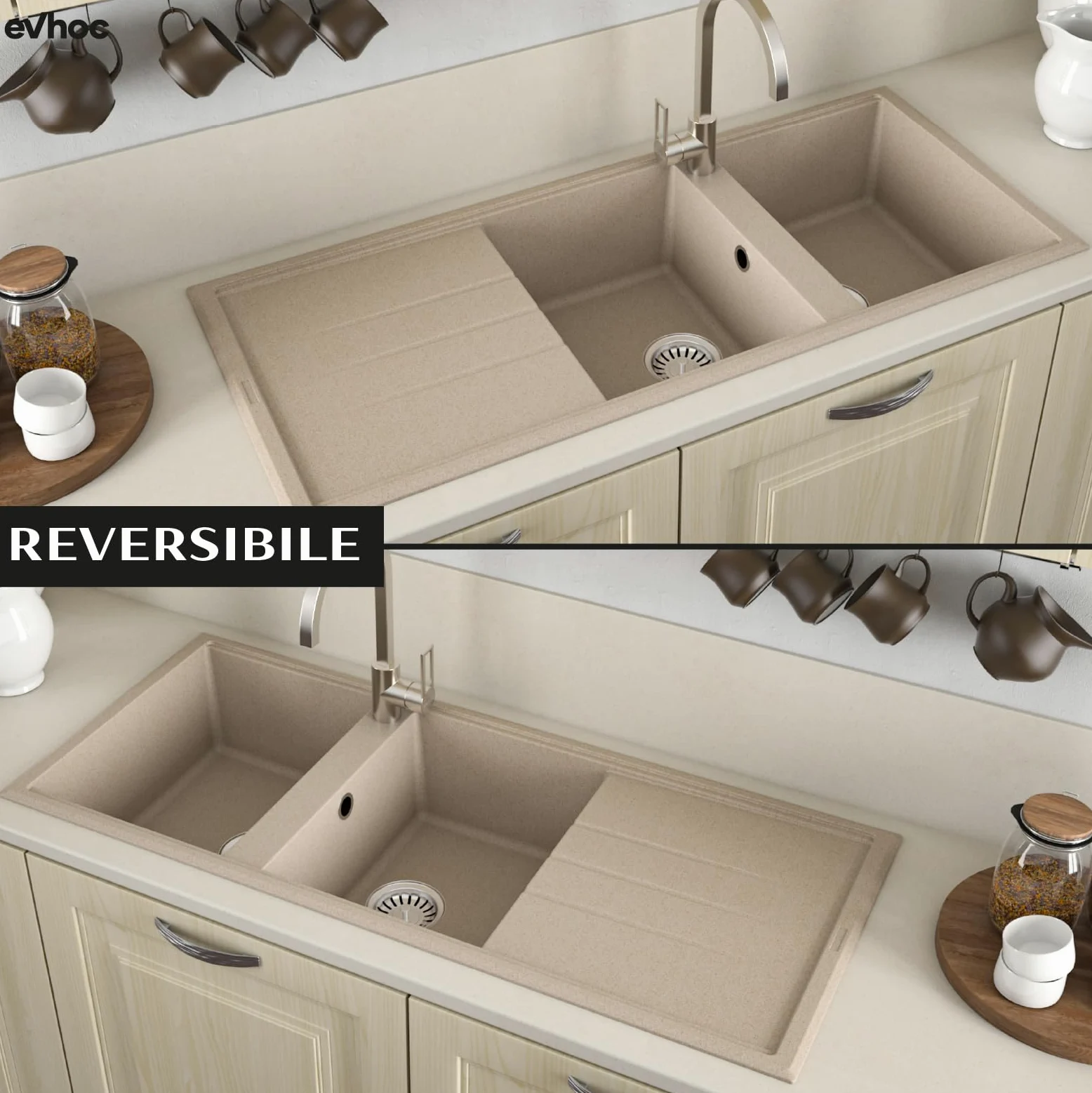 EVHOC Lavello Sopratop 116x50 cm, 2 Vasche con Gocciolatoio, Lavandino Reversibile per Cucina, Piletta Inclusa, Made in Italy, Avena, ADHOC L
