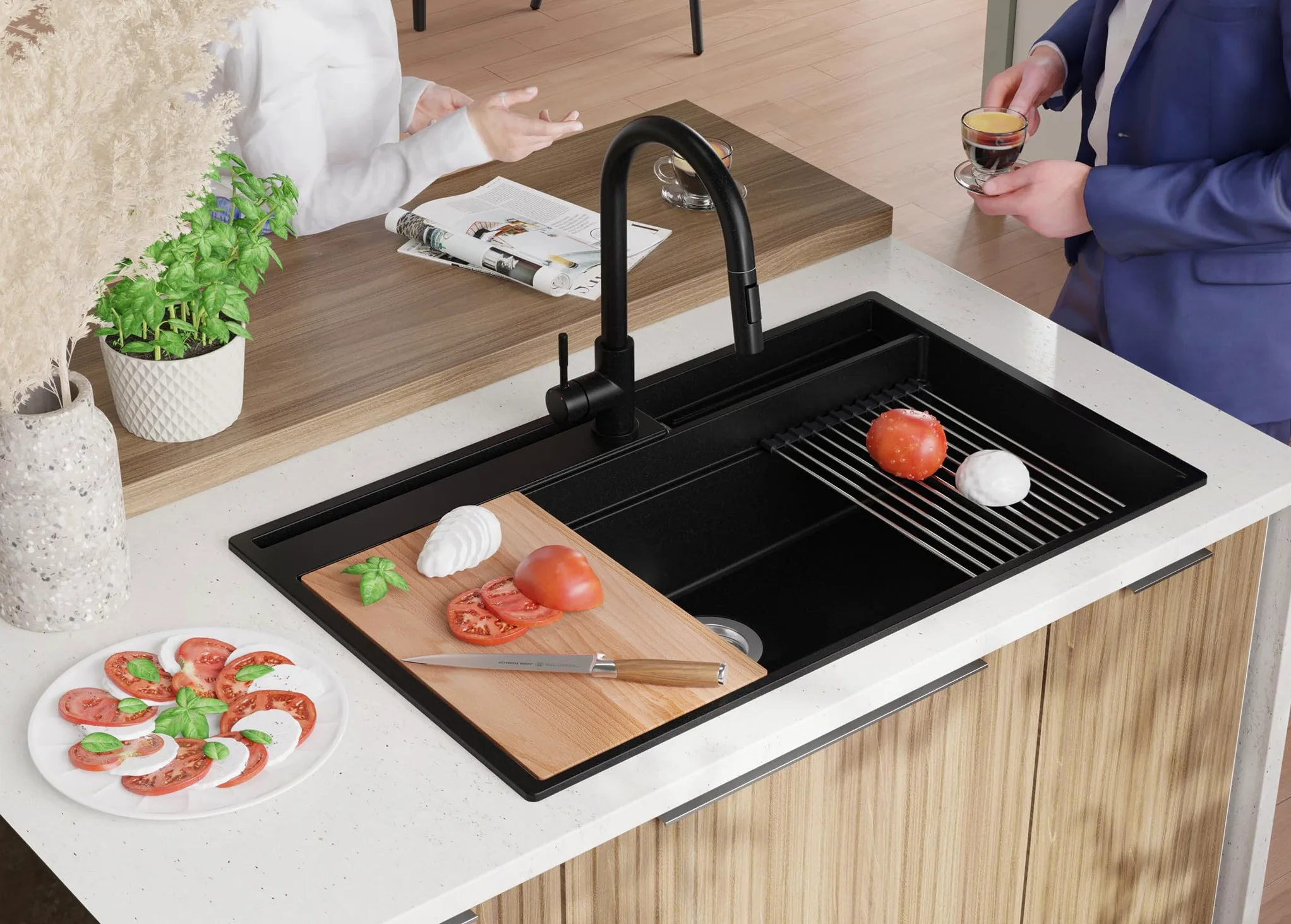 PRIMAGRAN Lavello da Cucina Nero 88x53cm, Lavandino in Granito a 1 vasca + Sifone Classico, Lavabo da Cucina Incasso al Mobile 90cm - Oslo 90 Pocket S455