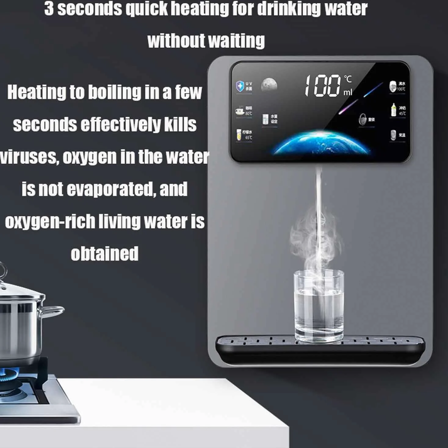 Dispenser d'acqua a parete con alimentazione a rete, riscaldamento efficiente da 2200 W, distributore di acqua calda, bollitore elettrico, riscaldamento rapido per 3 secondi, quattro livelli di volume