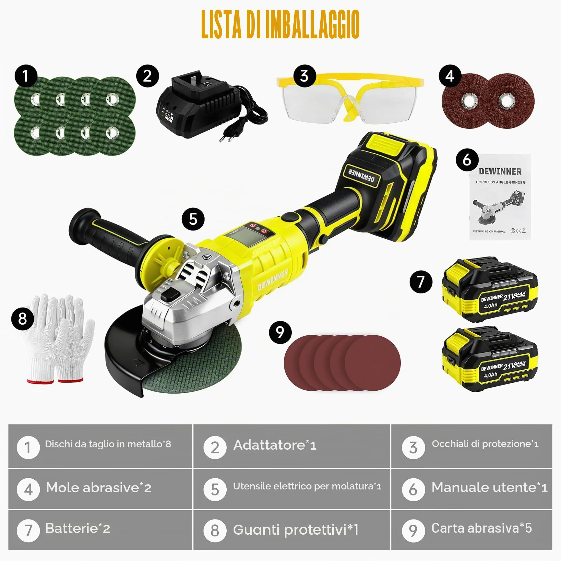 DEWINNER Smerigliatrice Angolare a Batteria Brushless 20V, Ø125mm, può ruotare di 90° su entrambi i lati.Smerigliatrice Angolare Senza Fili con 2 Batterie da 4.0Ah, 8500 giri/min, Dischi da Taglio