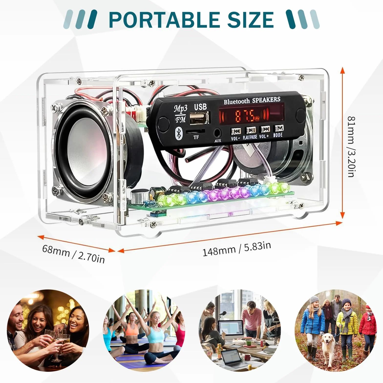 Kit di pratica di saldatura, kit radio FM, kit di altoparlanti Bluetooth fai da te, kit di progetti elettronici per adulti, mini kit amplificatore audio domestico con display digitale (trasparente)
