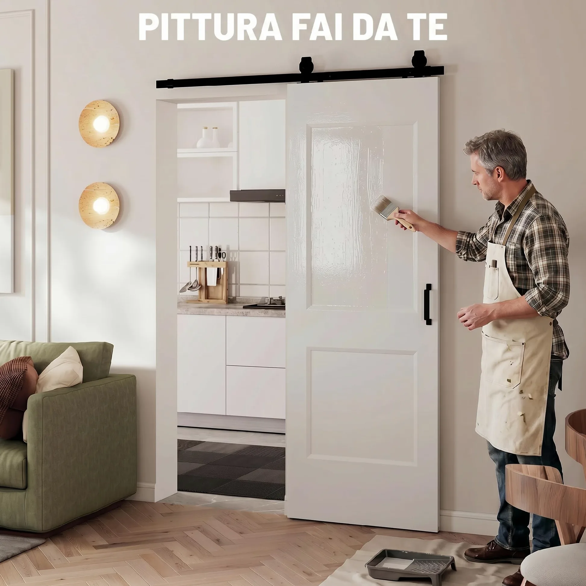 HOMCOM Porta Scorrevole Interna 76.2x213.4cm, Superficie Verniciata, Binario Silenzioso Acciaio, Maniglia Migliorata, Kit Ferramenta, Porta Interno Stile Industriale, in Legno Pino, Cucina, Soggiorno