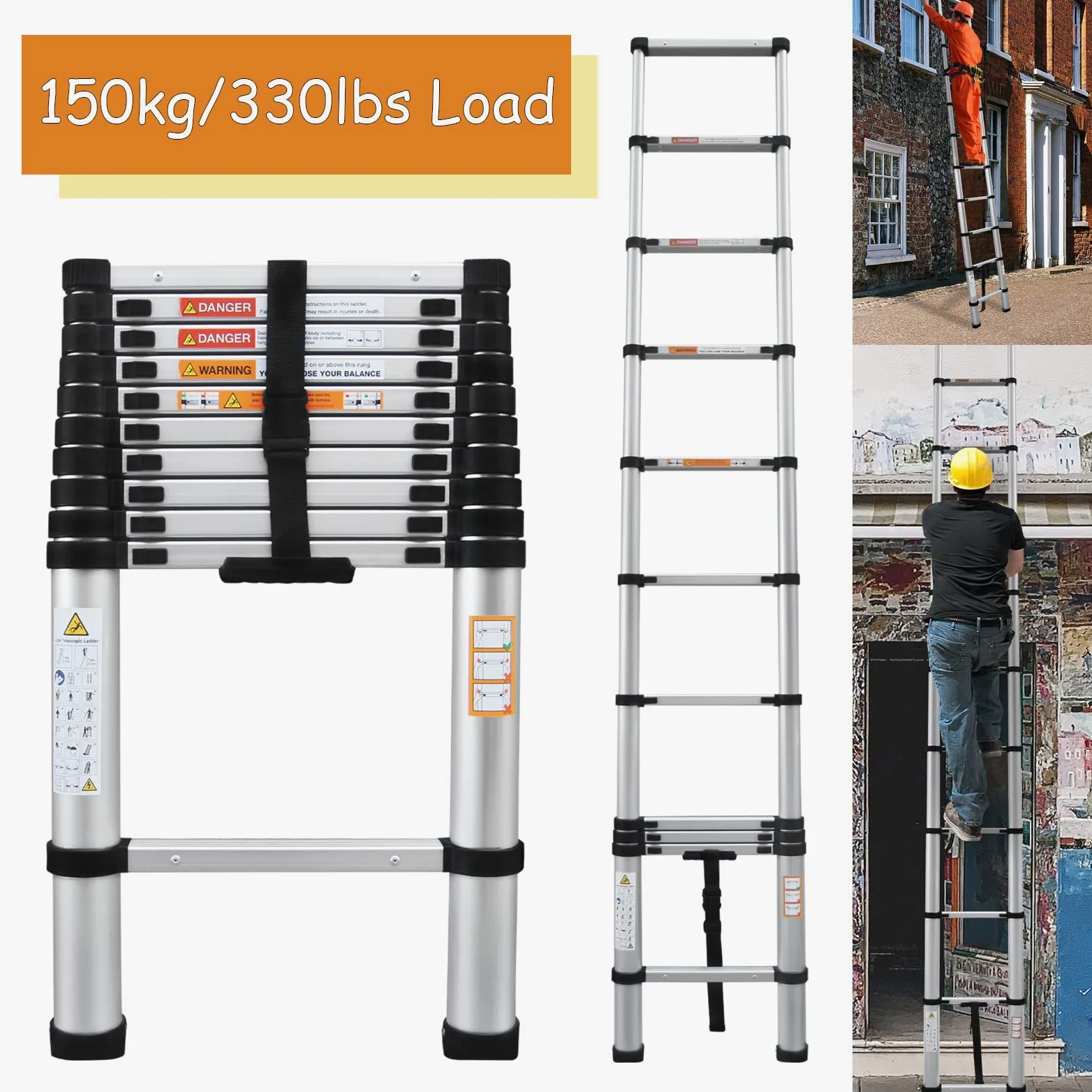 Scala telescopica multiuso in alluminio leggero, da 3,2 m, portatile, allungabile, resistente