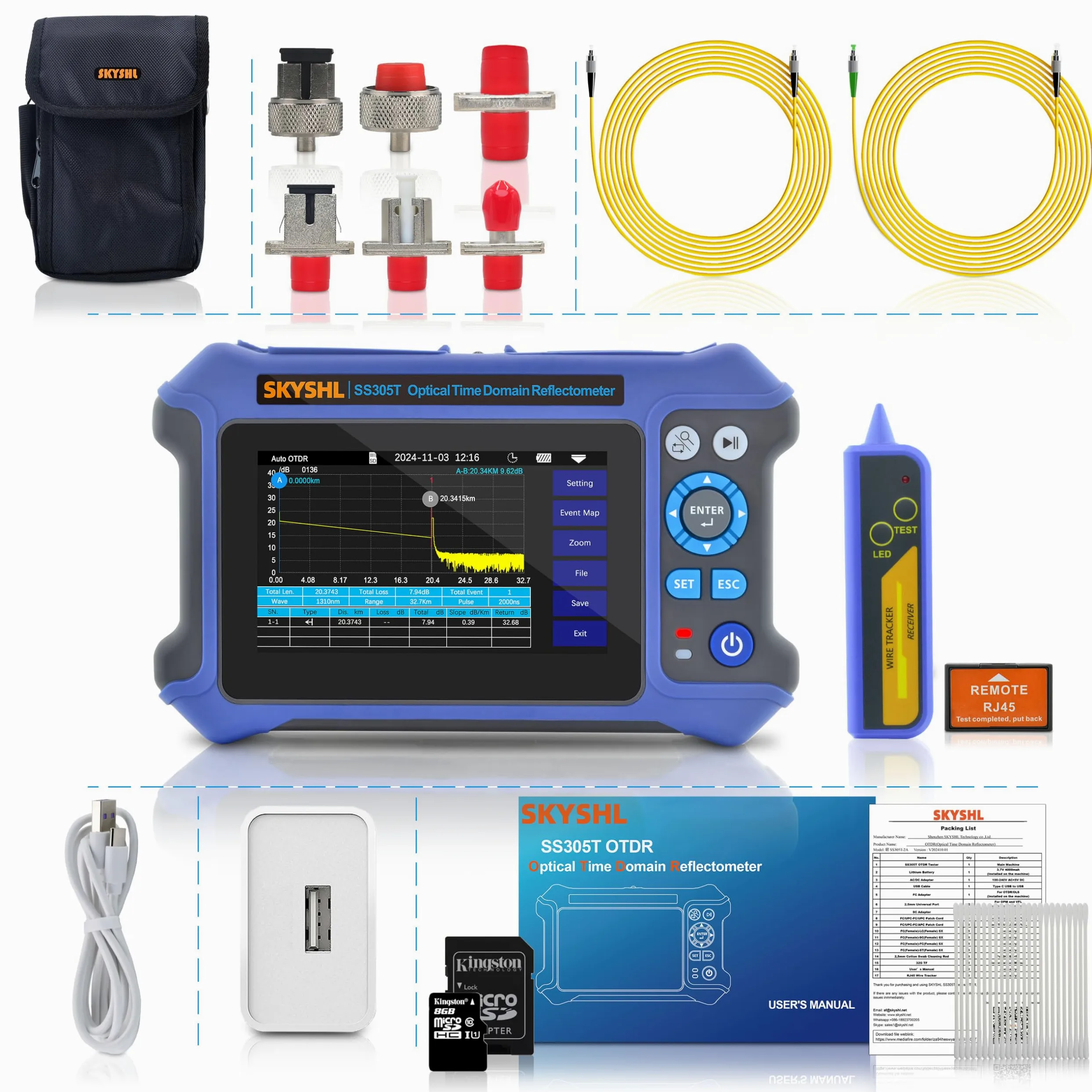 1310nm/28dB+1550nm/26dB SM Fibra OTDR Tester con OPM+10G OPM+OLS+VFL+Mappa degli Eventi+Tester di perdita+Test Multifibre+Test RJ45 con APC&UPC SC+FC+ST+LC-SS305T-2A1