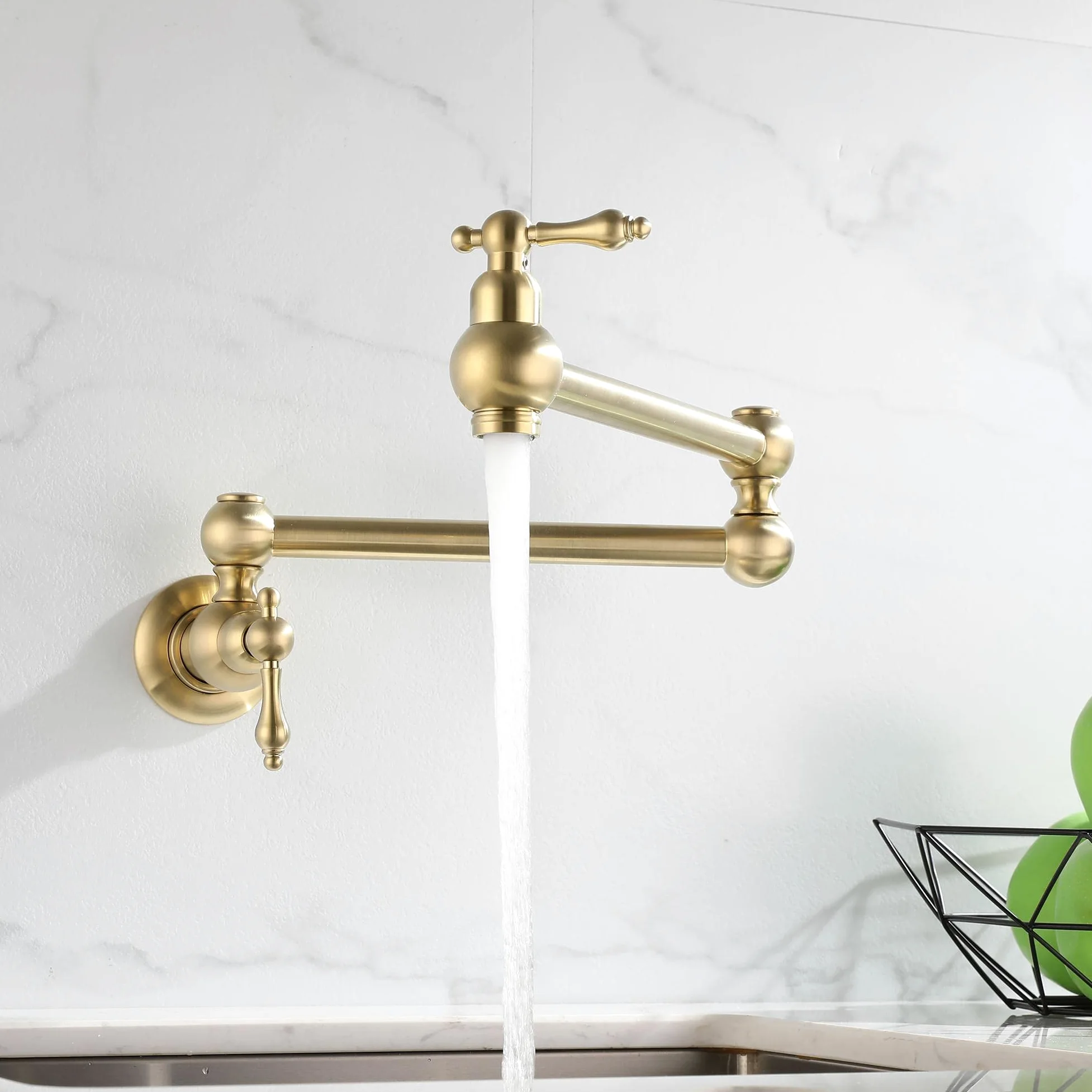 HomeLava Rubinetto da cucina a parete riempitore per pentole, Rubinetto a muro in ottone, 360° Girevole Rubinetto pieghevole estensibile doppio snodo, 2 Maniglie