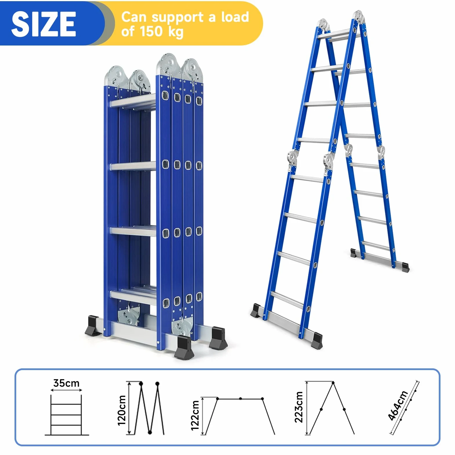 Scala Pieghevole Multiuso 7 in 1 in Alluminio - 4 x 4 Gradini, 464 cm, Scala Multifunzione per Uso Domestico Interno ed Esterno, 16 Gradini, Portata Massima 150 kg