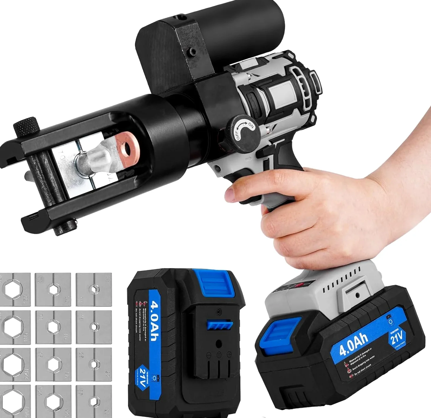 MXBAOHENG 10-300 MM² Pinza crimpatrice idraulica ricaricabile da 60 KN con 2 batterias 21 V 4 A Pinza per capicorda idraulica elettrica con 12 inserti di pressione per contatti in rame e alluminio