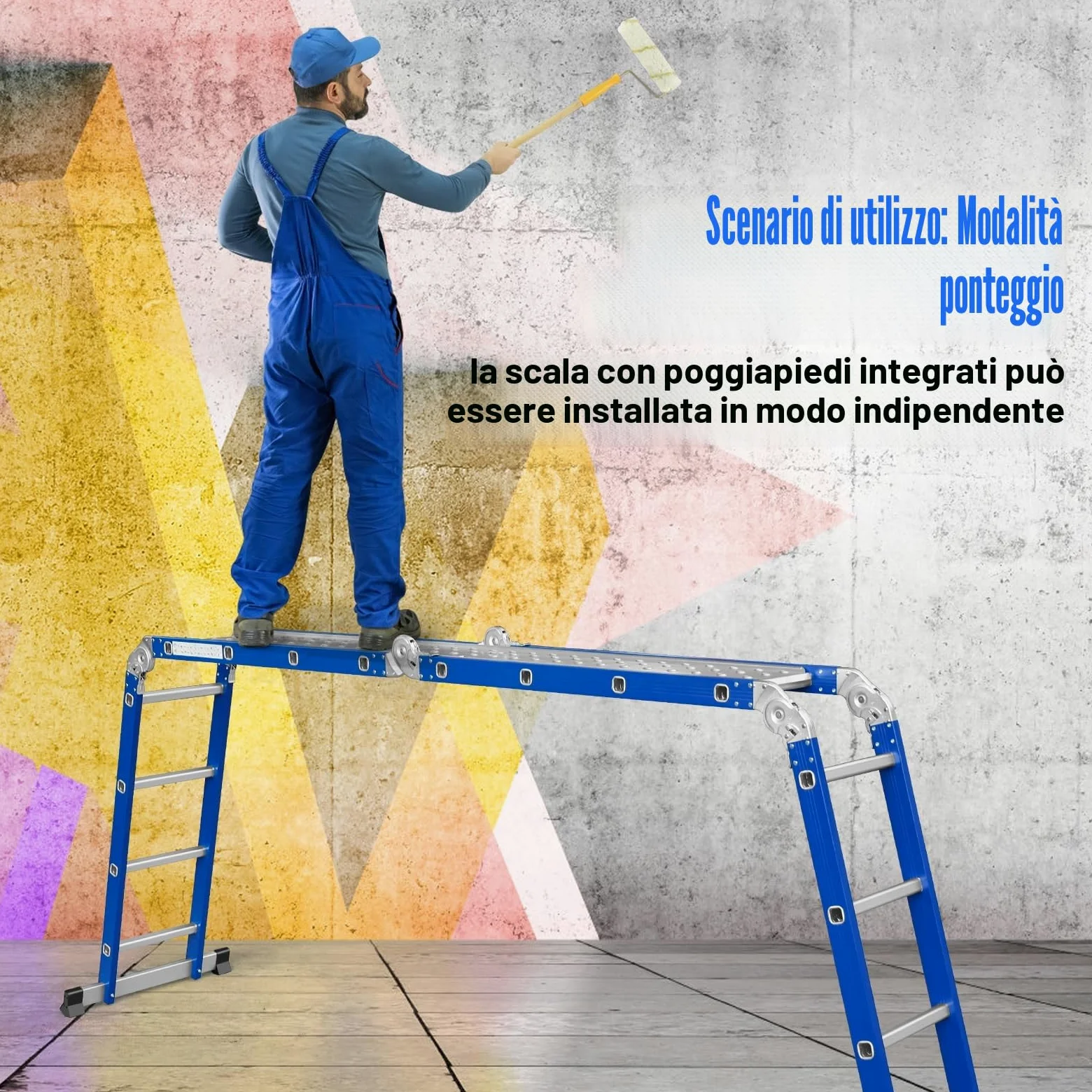 Scala multifunzione in alluminio, 4 x 4 gradini, lunghezza 4,7 m, 4 pezzi, portata massima 150 kg