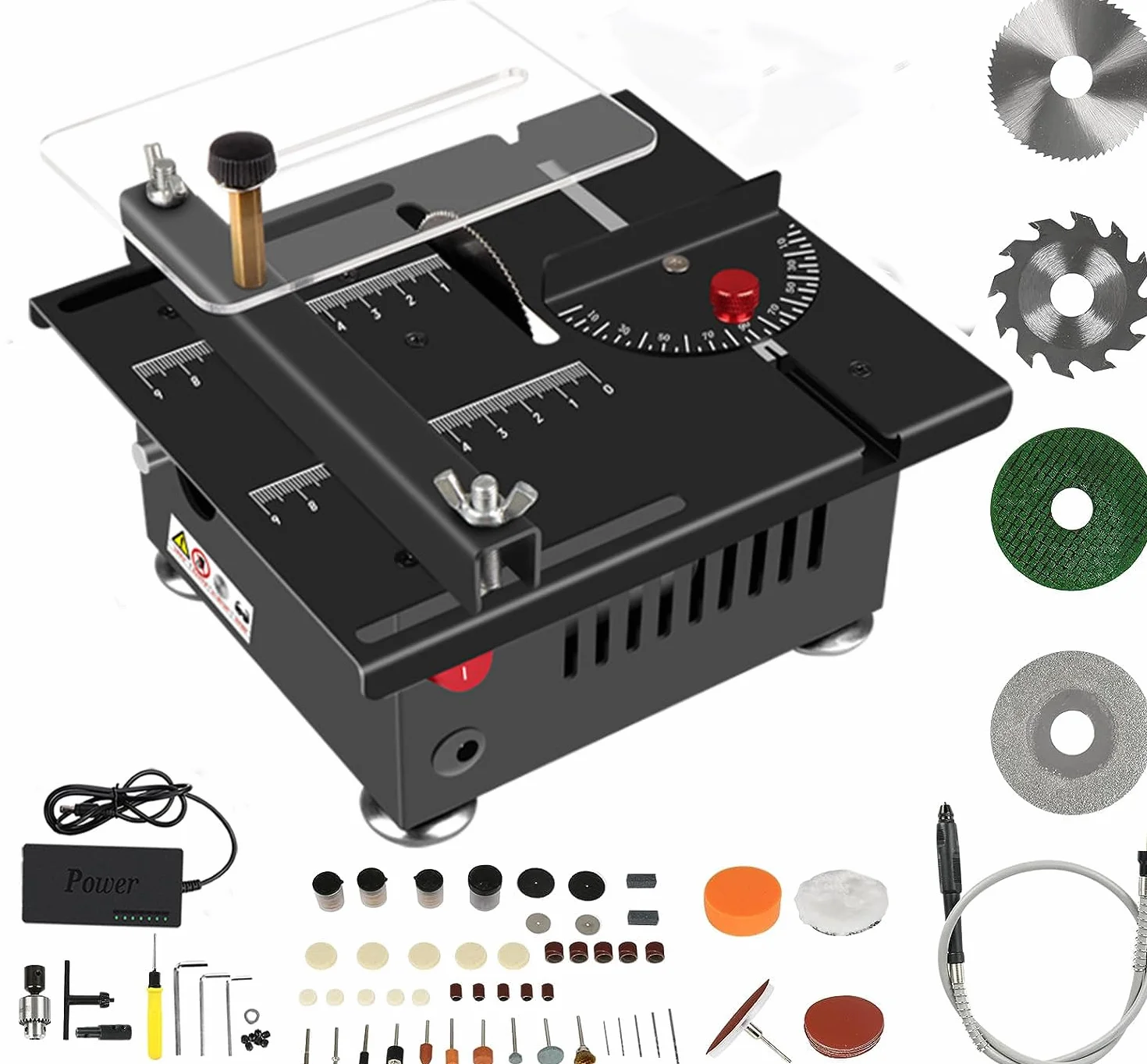 Mini Sega da Tavolo da 100W - Multifunzionale e Portatile - Sega da Tavolo Miniaturizzata DIY con 4 lame di Precisione, velocità regolabile, lama da 0,1 a 16 mm - per Artigianato e Lavorazione