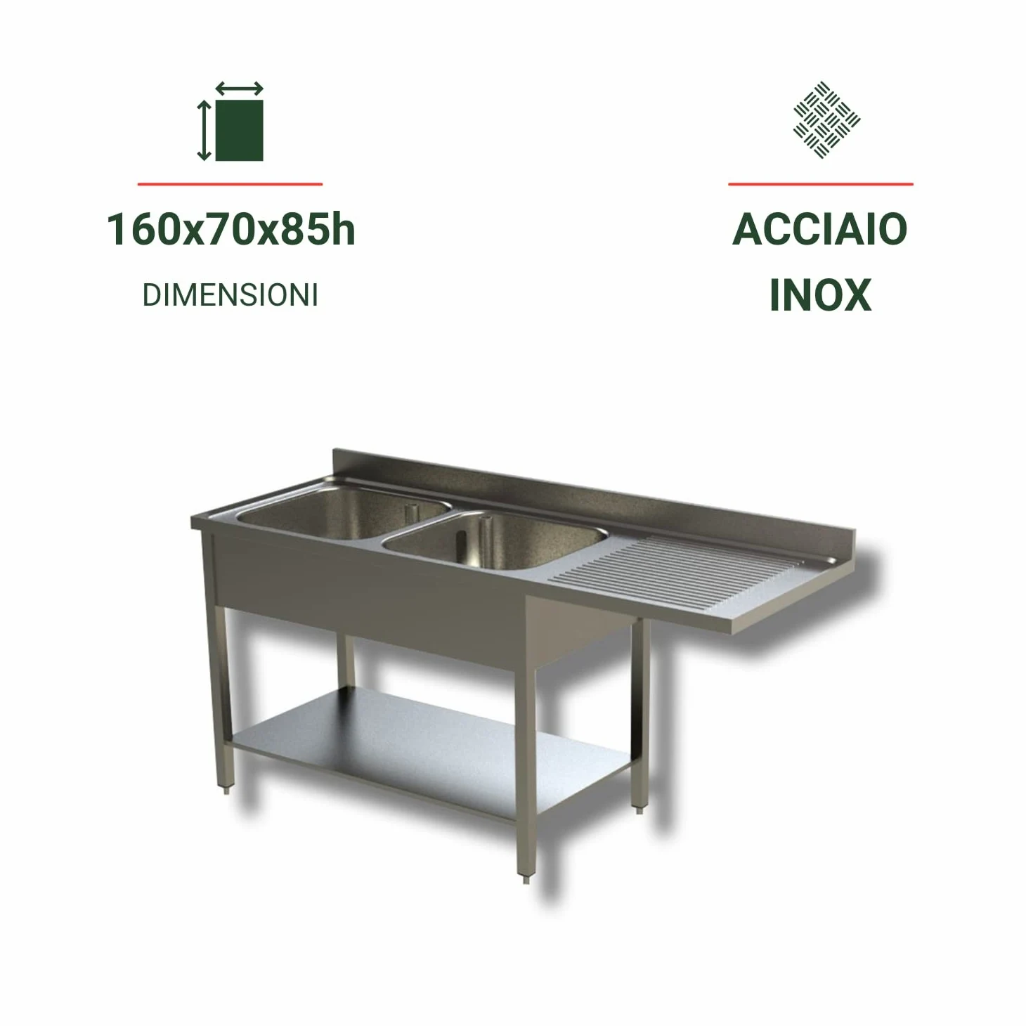 Ristoattrezzature Lavello in Acciaio Inox - Professionale, per Cucine Ristoranti e Pizzerie - 2 Vasche, Gocciolatorio a Sbalzo a Dx - 160x70x85h
