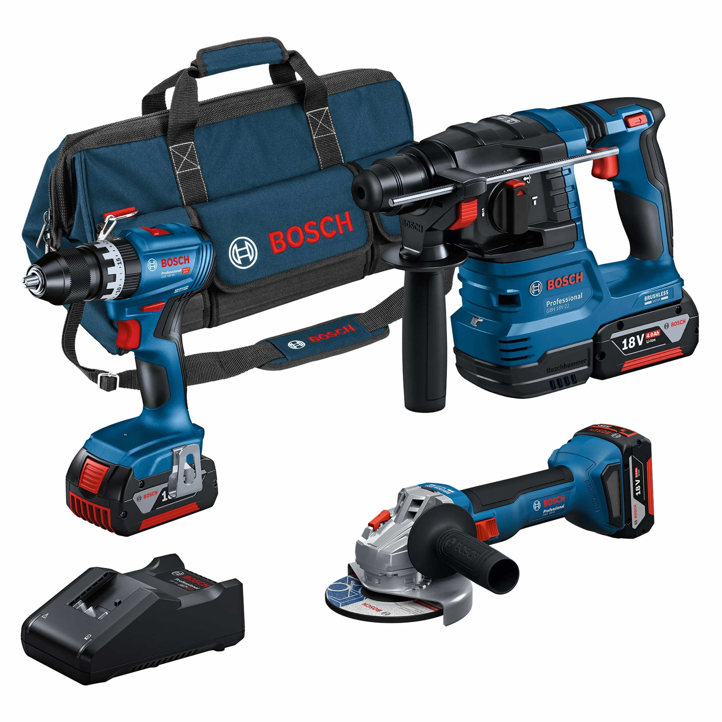 Bosch Professional 18V System Combo kit a batteria: GSB 18V-45 + GBH 18V-22 + GWS 18V-8 (incl. 3 batterie GBA 4.0Ah, GAL 18V-40, borsa degli attrezzi) - Amazon Exclusive