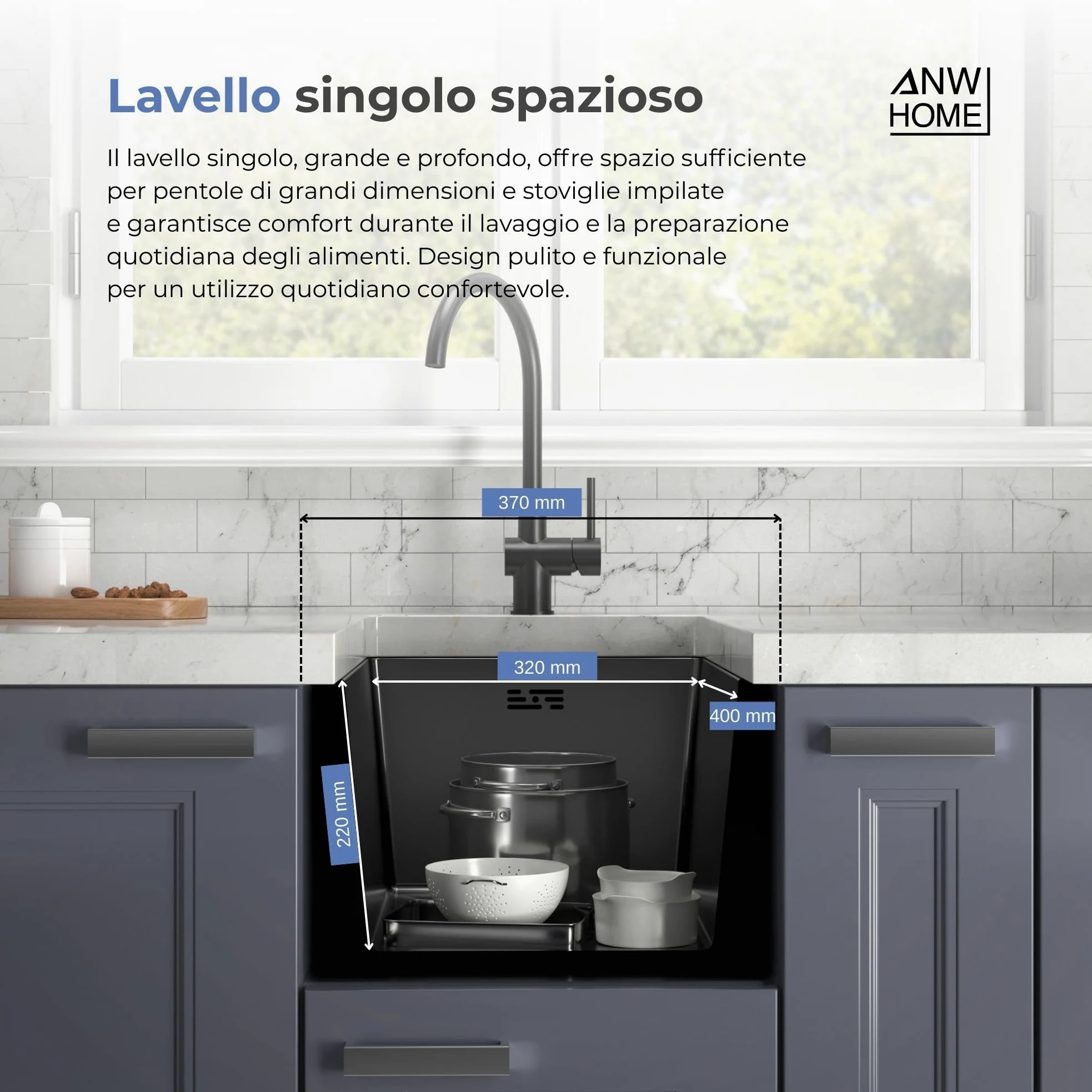 ANW HOME Lavello Cucina 1 Vasca Lavandino Cucina Acciaio Inox 304, Lavello da Incasso o Sottotop 37x45 cm Grafite PVD, Rivestimento Nano, Spessore 3,0+1 mm, Profondità 22 cm, con Sifone