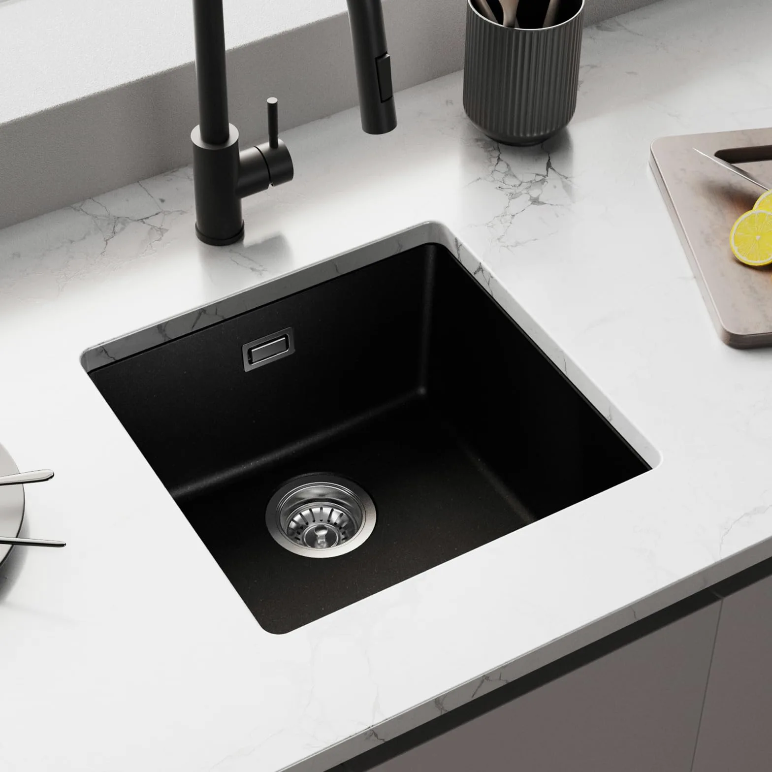 Auralum Lavandino Cucina 45 x 44 cm, Lavello Cucina 1 Vasca, Lavabo Nero in Granito con Sifone Classico e troppopieno, Adatto a Mobili Oltre 45cm