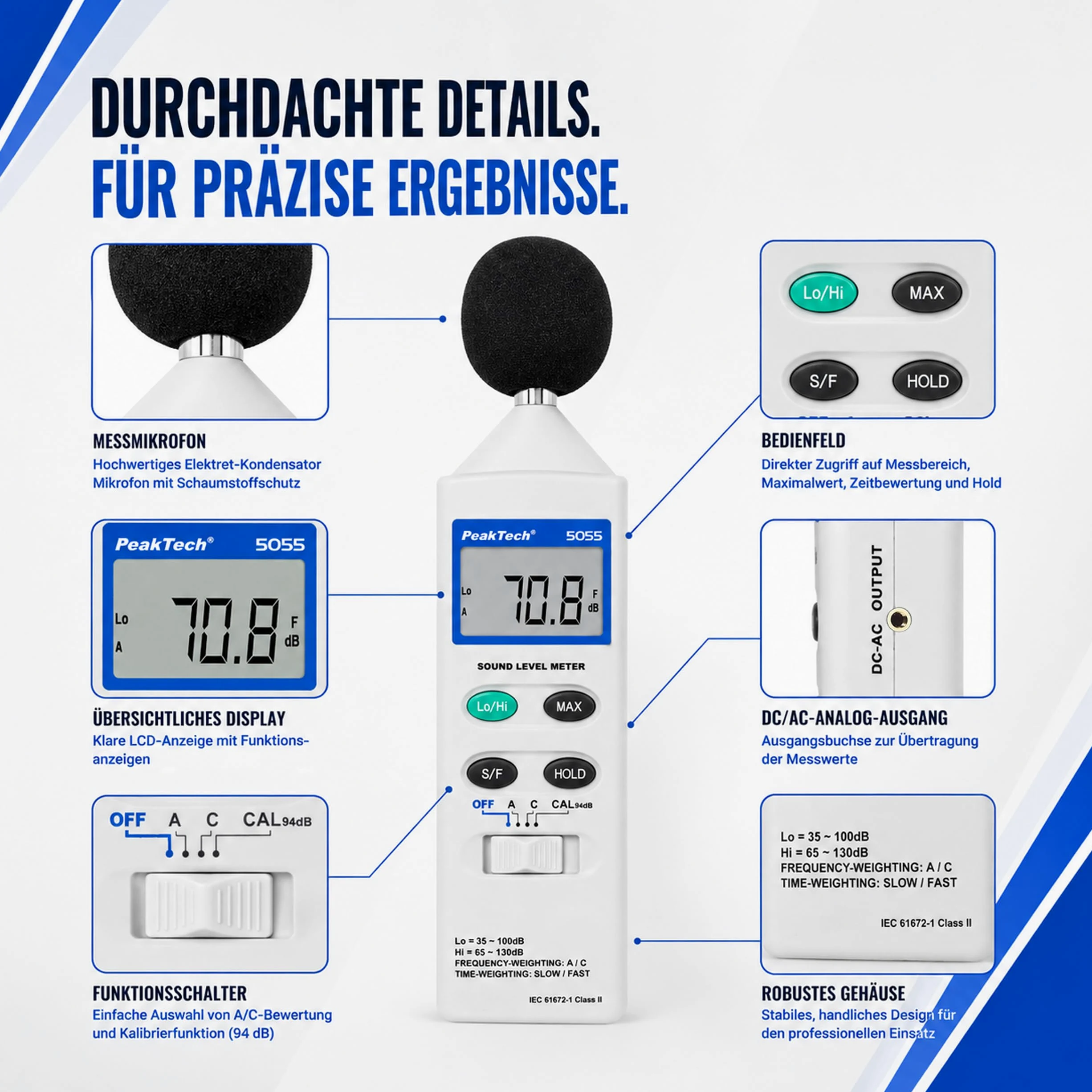PeakTech Misuratore sonoro digitale, 3 1 2 cifre