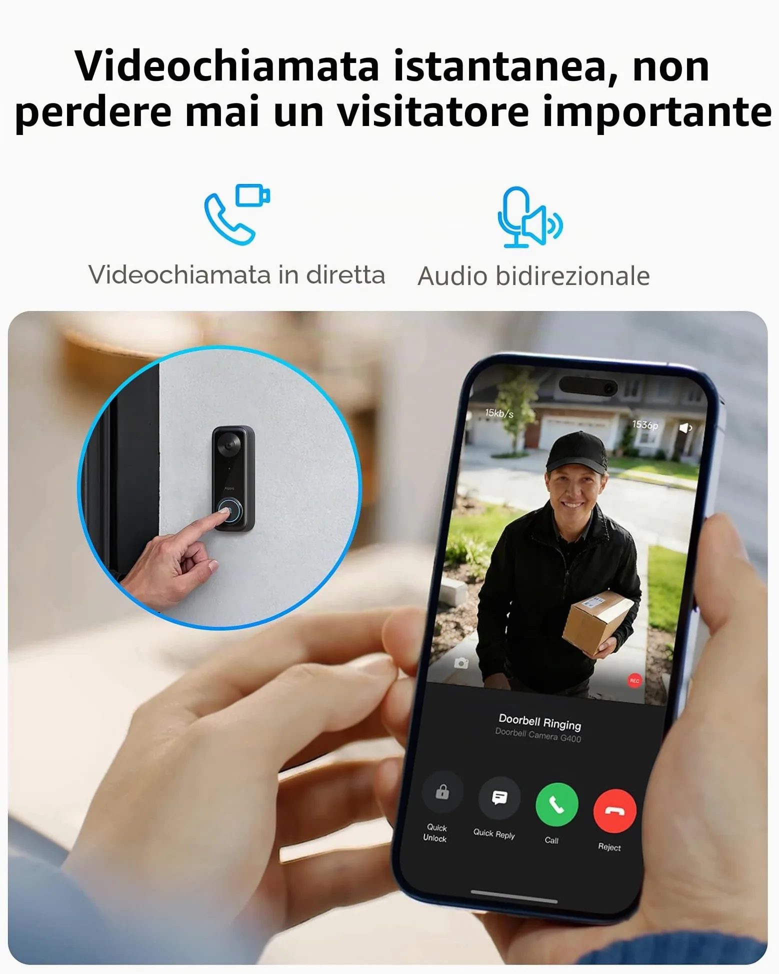 Aqara 2K Video Campanello G400 con Suoneria, Cablato/PoE, HomeKit Secure Video, Audio Bidirezionale, Wi-Fi 6 2,4/5GHz, Supporto Alexa/Google/SmartThings, Rilevamento Locale & Registrazione 24/7, IP65