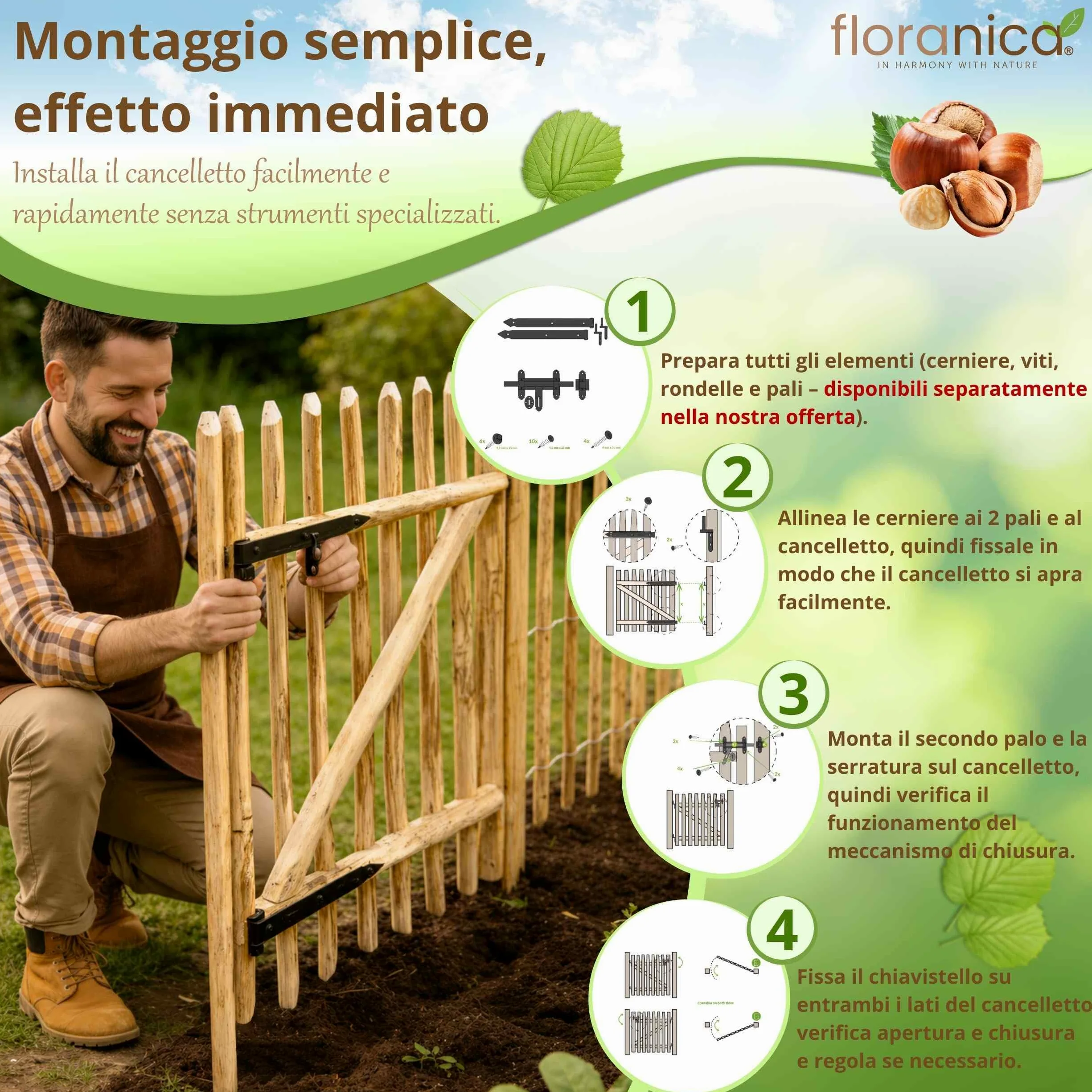 Floranica Cancello da giardino in legno di nocciolo per recinzione a paletti Altezza 115 cm x 100 cm 1 anta – pronto al montaggio incl. cerniere