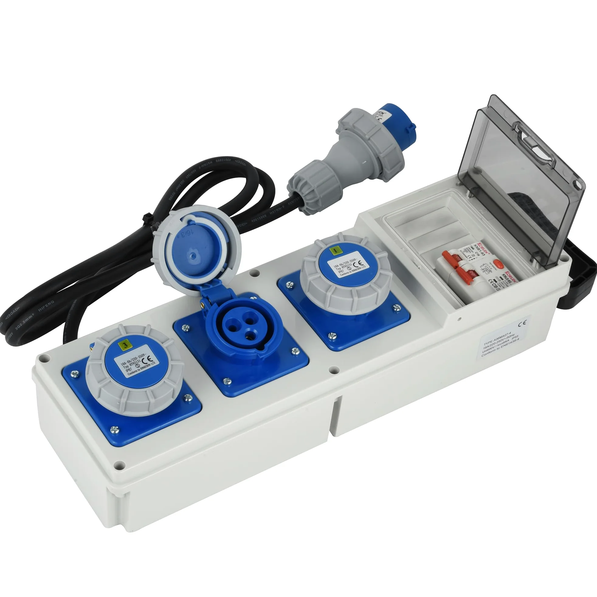Electraline 60426 Quadro Elettrico di Distribuzione 3 Prese Industriali CEE, Spina CEE, Cavo 1.7M H07RN-F 3G2.5, IP67, con interruttore differenziale RCD 30ma + interruttore di sicurezza MCB