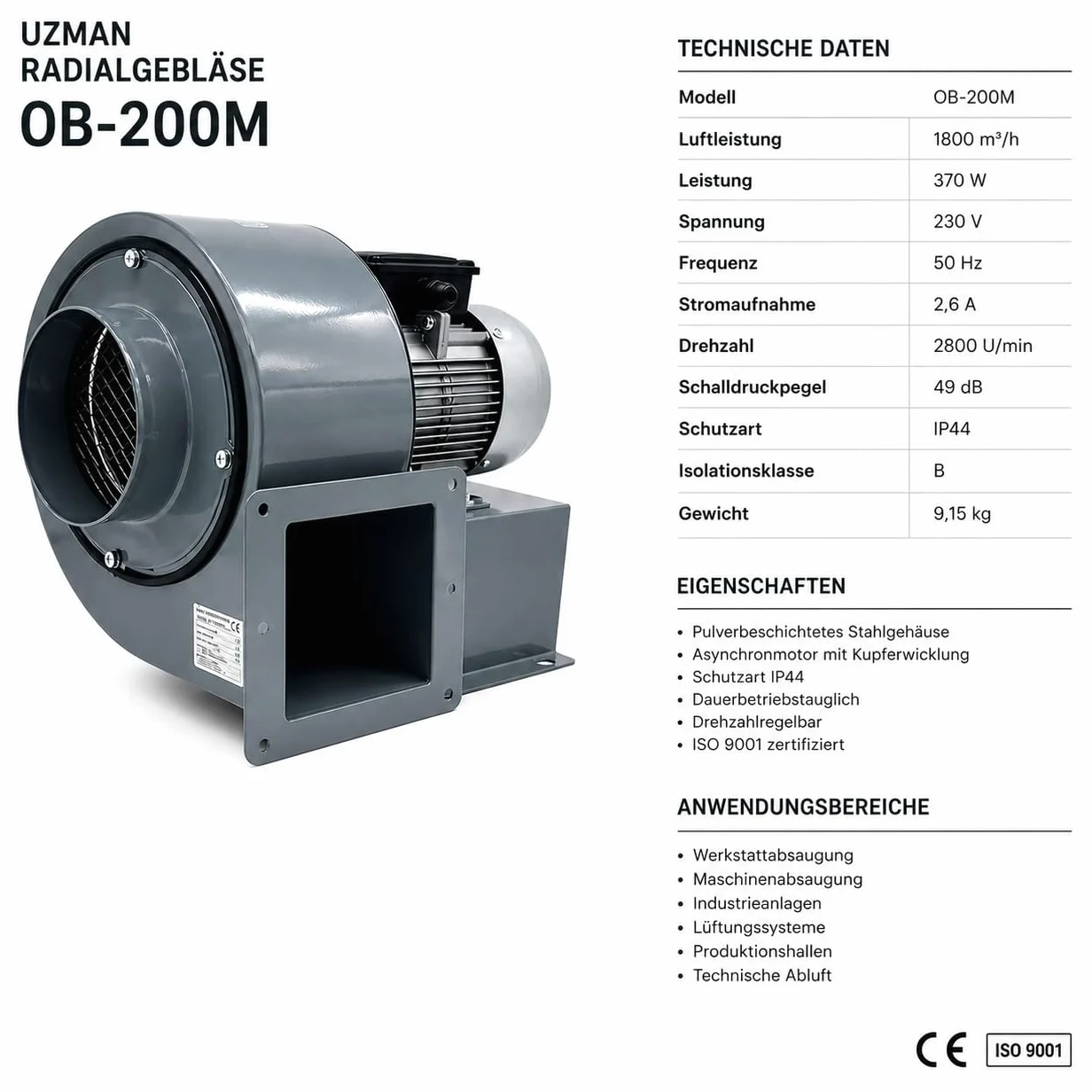 OBR200 230V Industriale Aspiratori Ventilazione Centrifugo. Ventilatore Radiale Axiale Ventola Estrattore Tubulare