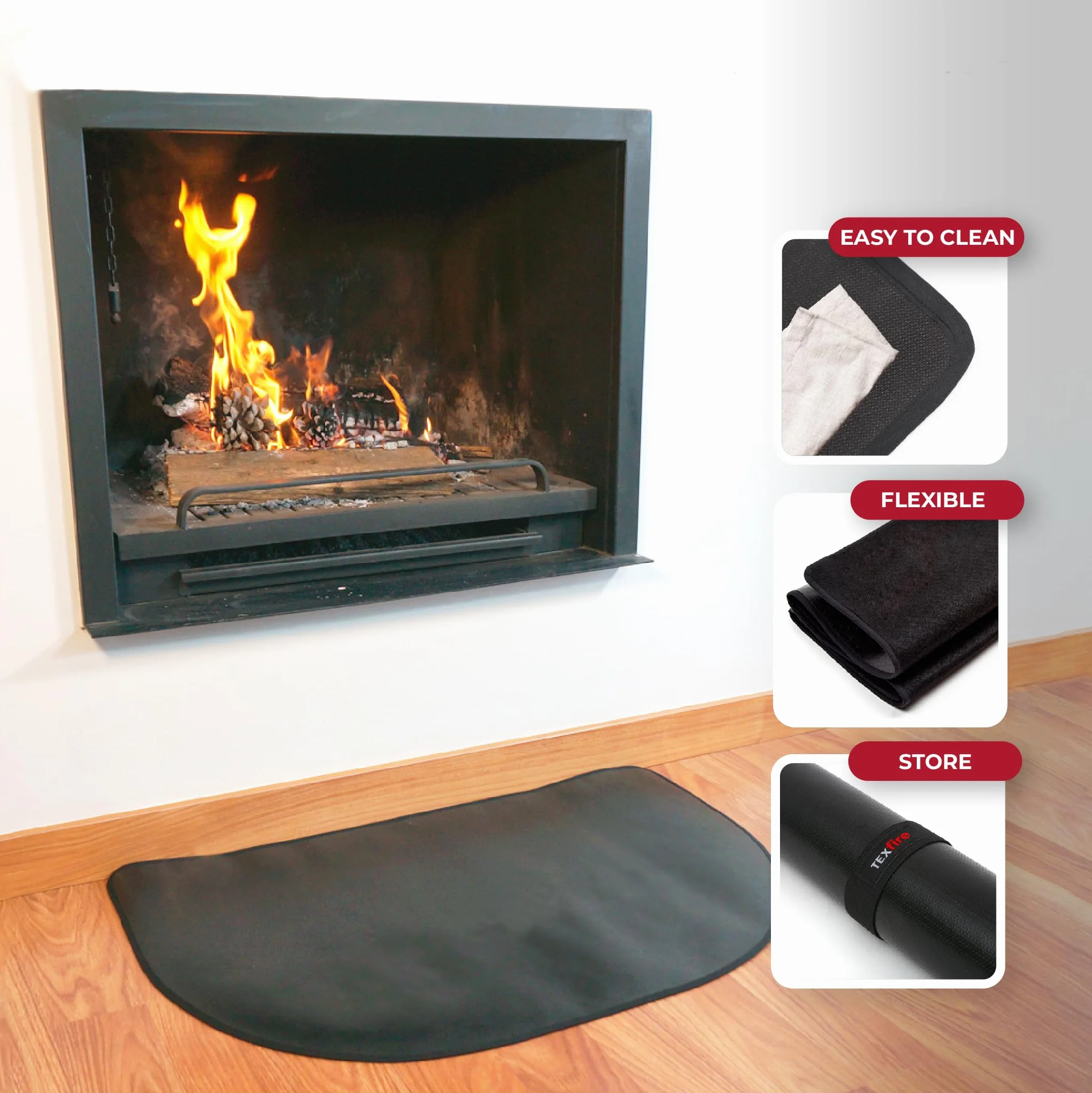 TEXFIRE | Tappeto ignifugo semicircolare per camino e stufa. Tessuto isolante termico. Protezione per pavimenti delicati tipo parquet.