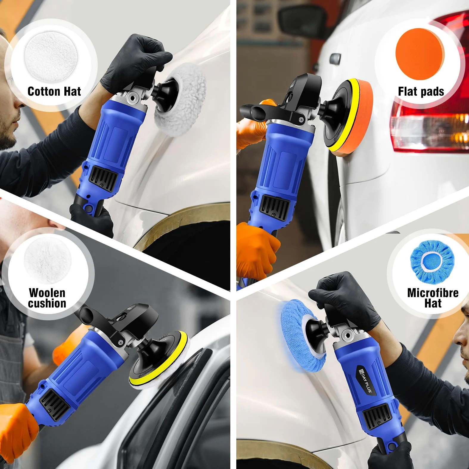HSHa Lucidatrice per auto, 1400 W, set con piastra lucidante da 150/180 mm, lucidatura orbitale casuale, 6 velocità variabili, impugnatura a D e multi pad per la lucidatura della cera