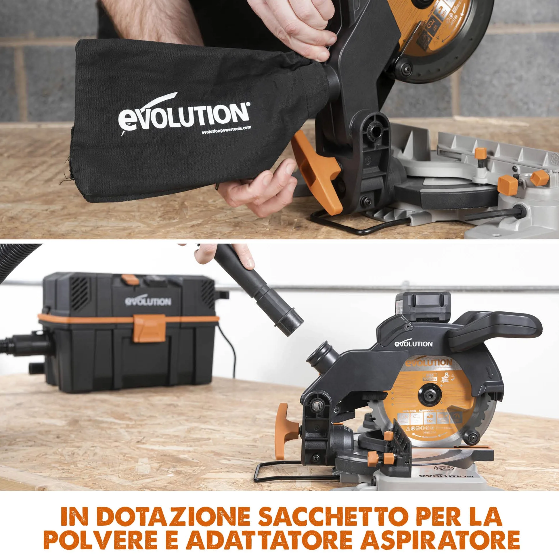 Evolution Troncatrice composta a batteria R185CMS-Li da 185 mm 18 V Li-Ion EXT Inc Lama multimateriale