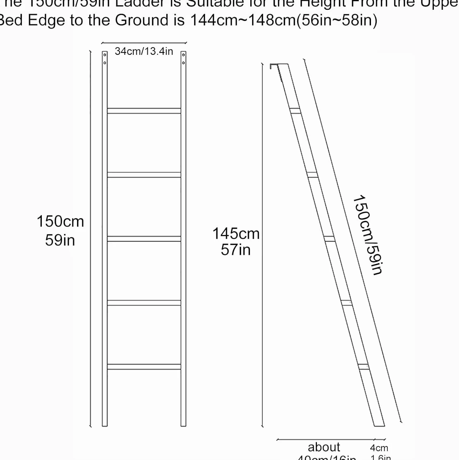 Scala Letto a Castello Metallo Scaletta Letto a Castello Bianco Scala per Soppalco 5 Passi, Altezza Regolabile (150cm/59in)