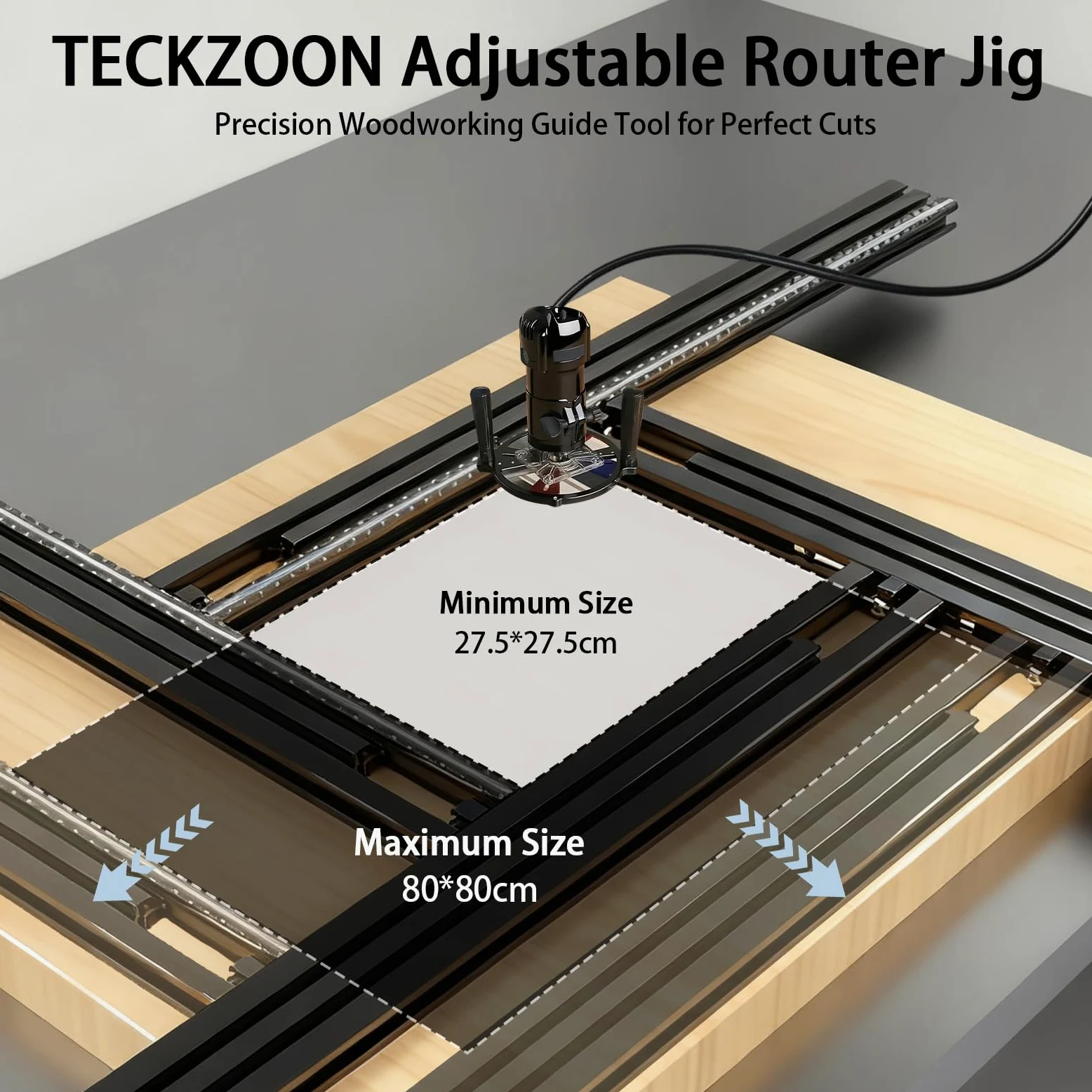 Mascherina di fresatura regolabile 800 x 800 mm, Guida per fresatrice e jig per levigatrici a tuffo, ausilio in legno per realizzare scanalature quadrate e rettangolari (con 2 morsetti metallici a G)