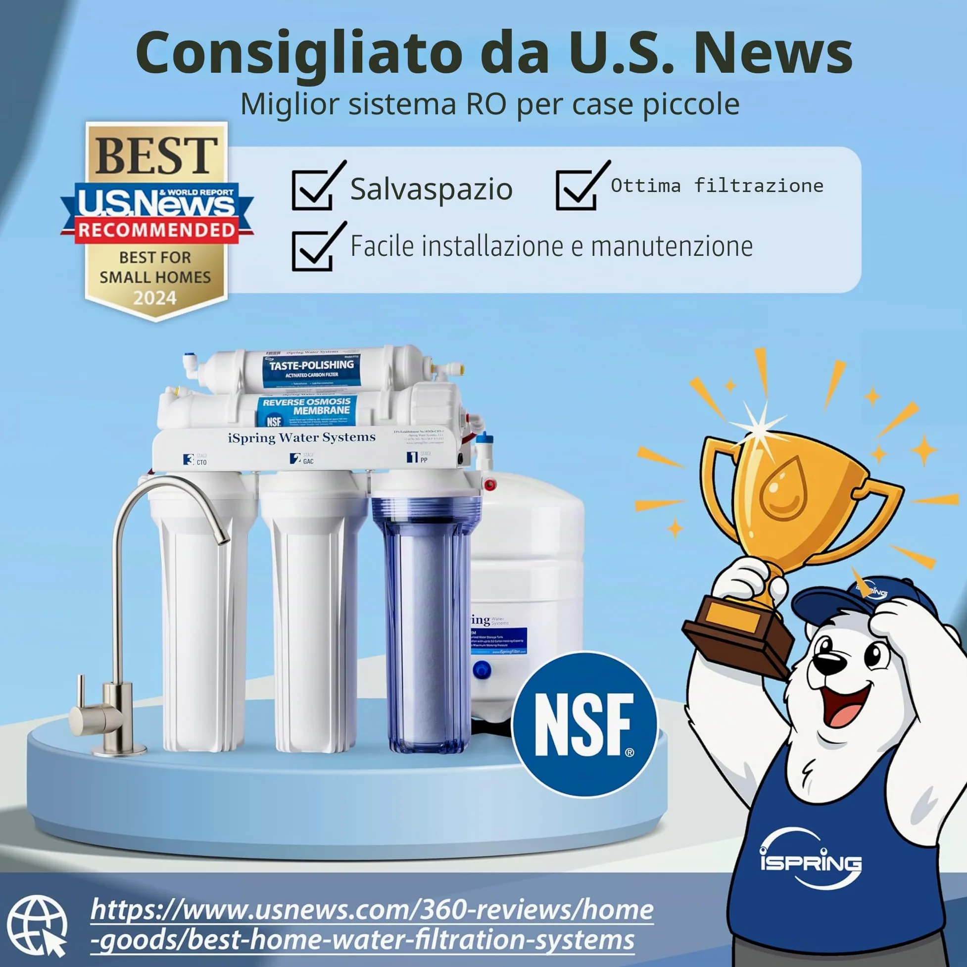 iSpring RCC7 5 Stadi Sotto Lavello Sistema di Filtrazione dell'acqua ad Osmosi Inversa, Certificato NSF, 75 GPD ad Alta Capacità, Rubinetto in Nichel Lucido