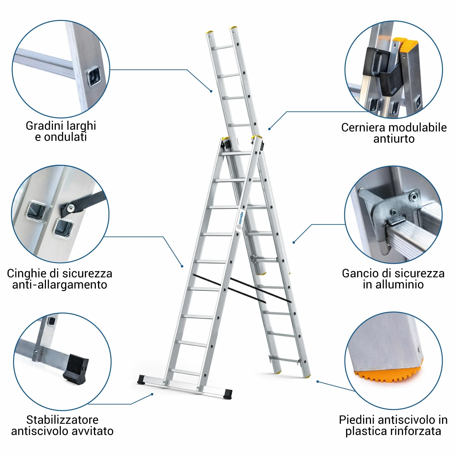 Scala a sfilo a 3 rampe StablePro, gradini 3x9 in alluminio, allungabile, 6 posizioni, altezza massima di lavoro 6,10 m, 5 anni di garanzia, Hostrom