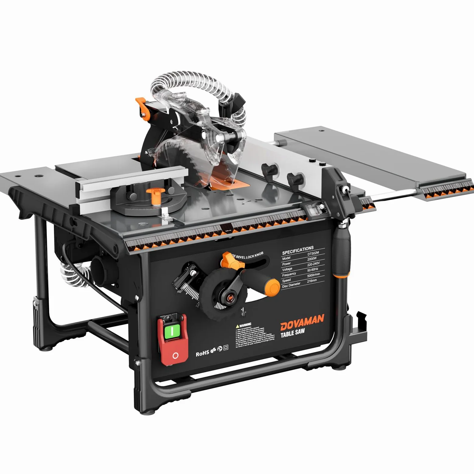 DOVAMAN Banco Sega Circolare per Legno 2000W, 98% Raccolta Polvere, Taglio Max 60mm, Lama 216mm, Piano Estensibile 48-80cm, Storage Integrato, Sega da Tavolo per DIY e Hobby - DTS02M