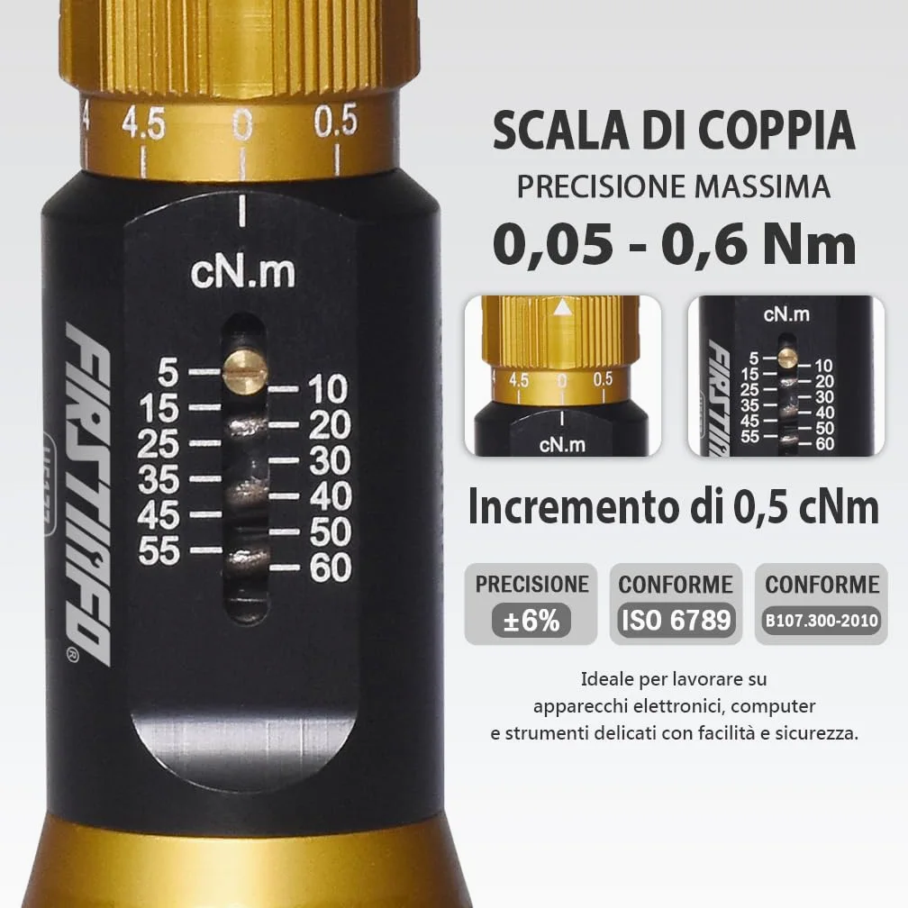 FIRSTINFO H5177 | Cacciavite Dinamometrico di Precisione Certificato | Attacco Rapido Hex 1/4" | Coppia Regolabile 5–60 cNm (0,05–0,6 Nm)