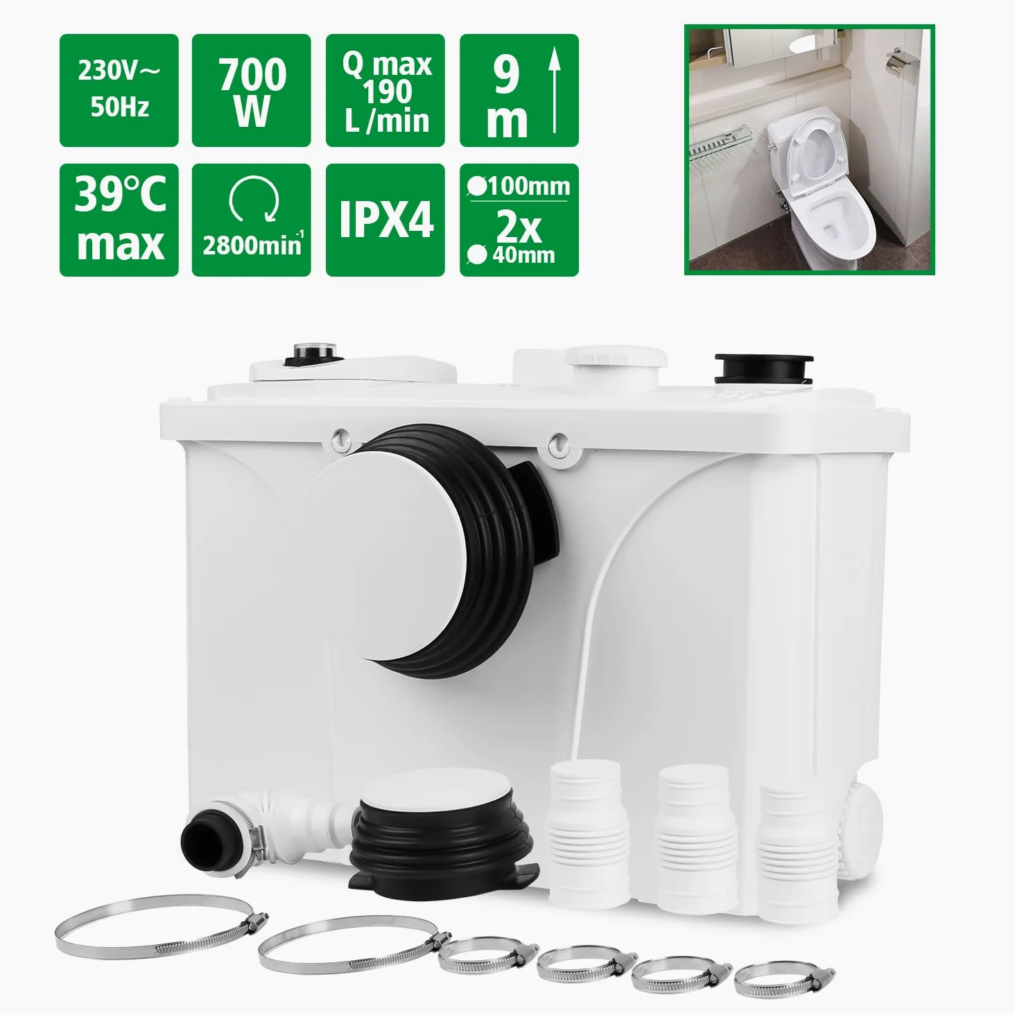 Eulenke Pompe per Fognature Sanitarie 700 W, 190 l/min, a basso rumore (39 dB), possono essere installate in lavabo, WC, docce, ecc