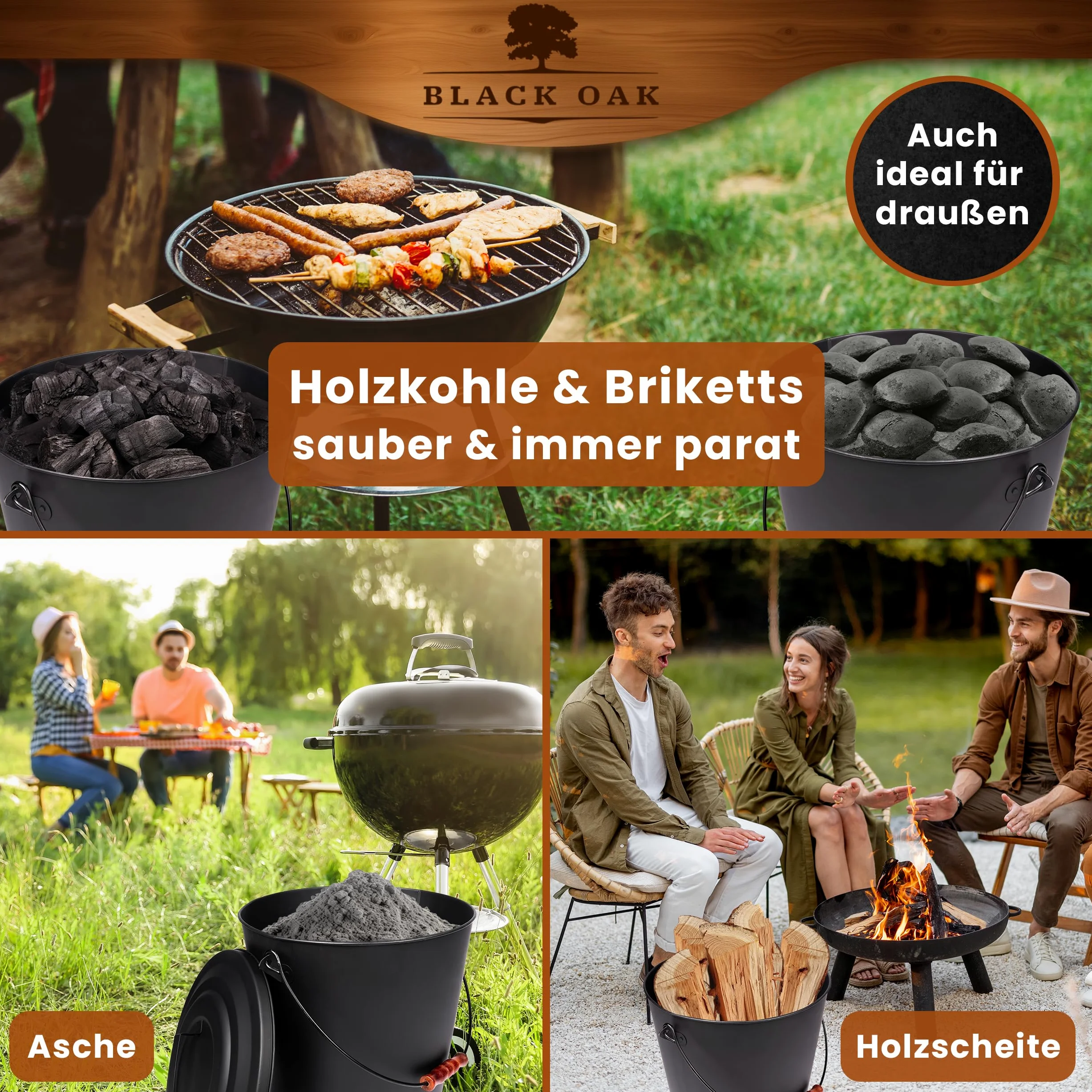 BLACK OAK Secchio per cenere Santorini, 25 l, nero con coperchio, XXL, extra grande, 25 litri, in acciaio zincato a prova di fuoco, verniciato a polvere, cenere e carbone, accessorio ideale per camino