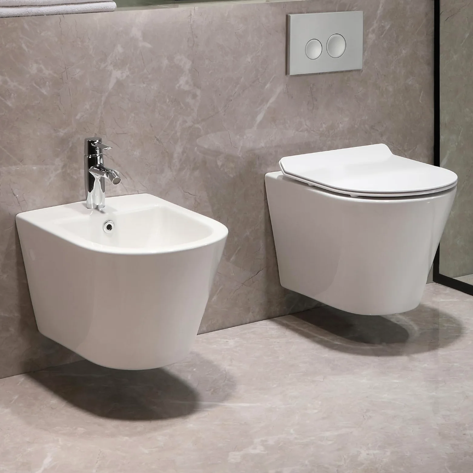 Set WC sospeso senza bordi per WC con sospensione bidet – WC da parete con rivestimento nano – WC con sedile WC con abbassamento automatico – bidet da parete per doccia intima – bidet doccia igienica