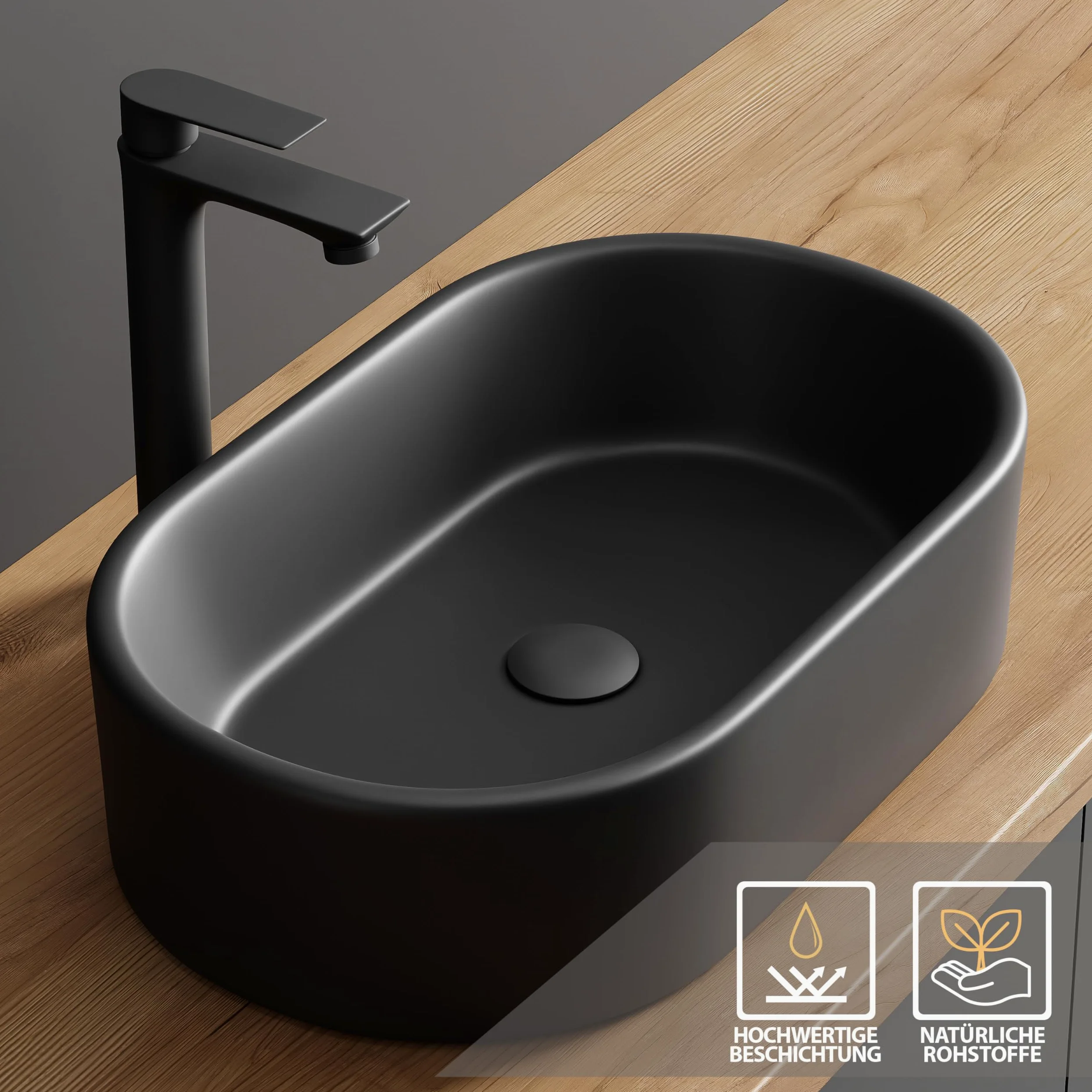 Planetmöbel Aquil Elegante lavabo ovale | Lavabo da appoggio per bagno e WC degli ospiti | Lavabo a mano senza foro per rubinetto e troppopieno, nero, 55 x 34 x 14 cm