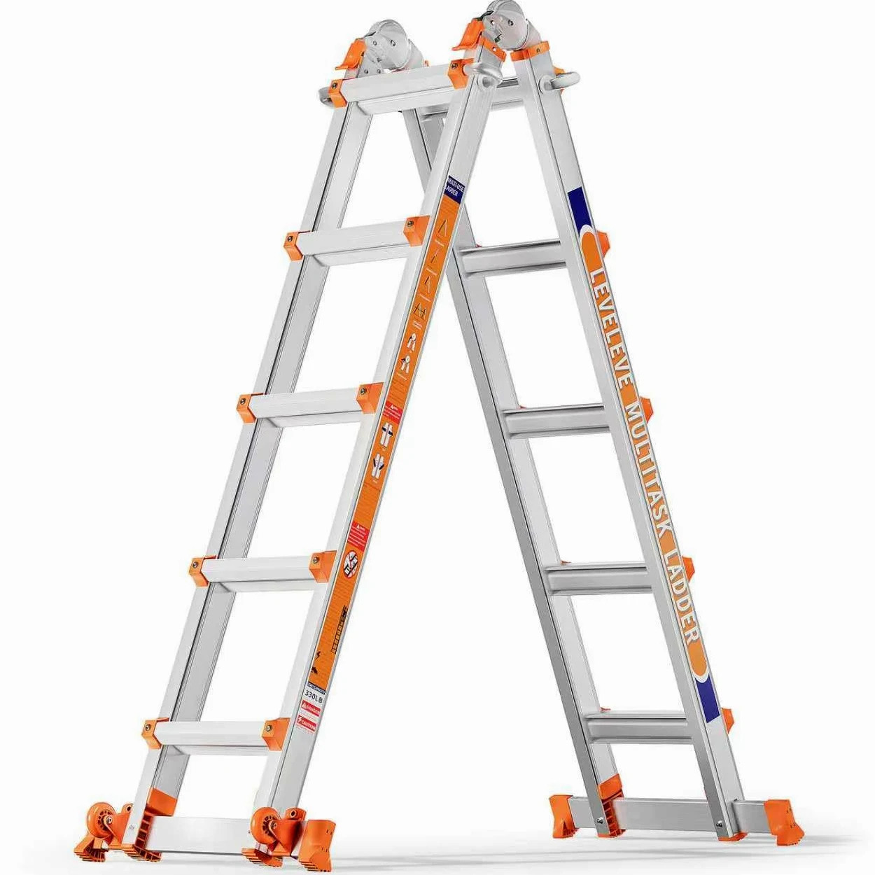 Scala Multiuso a 5 Livelli: Scala a 5 Livelli e Scala Allungabile da 17 Piedi (5,18 m) con Stabilizzatore e Ruote, Portata 150 kg, Sicuro per Scale, per Interni, Esterni e Tetto, in Lega di Alluminio