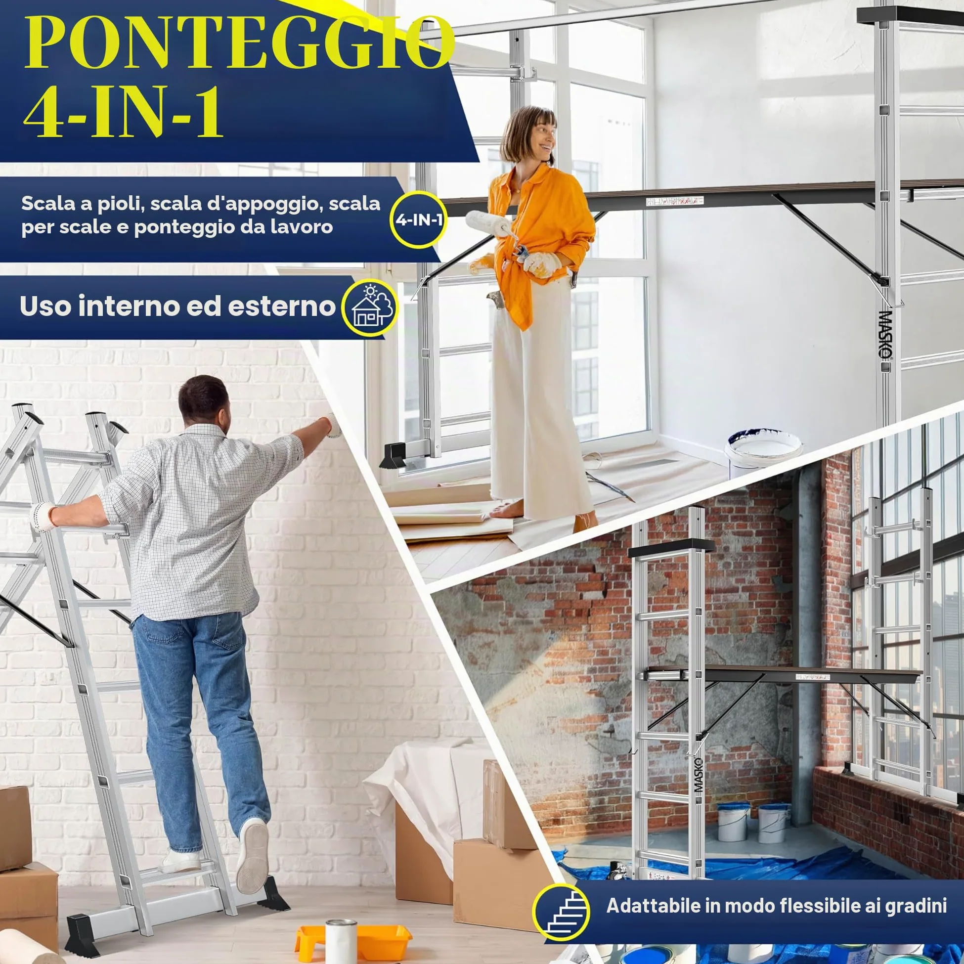 Masko® Ponteggi Telaio in alluminio Struttura Scala da ponteggio, Piattaforma lavoro | Caricabile fino a 150 KG | Rivestimento antiscivolo | | Testato GS (EN 131)