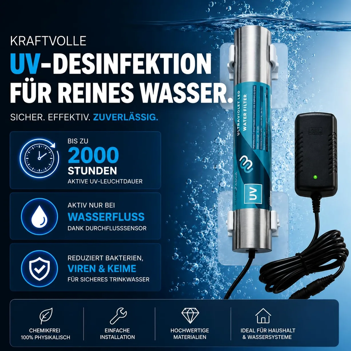 aora Lampada a LED UVC per impianti ad osmosi inversa, filtro dell'acqua, camper | rimuove il 99,99% di batteri, virus | sterilizzazione UV senza sostanze chimiche, disinfezione dell'acqua potabile