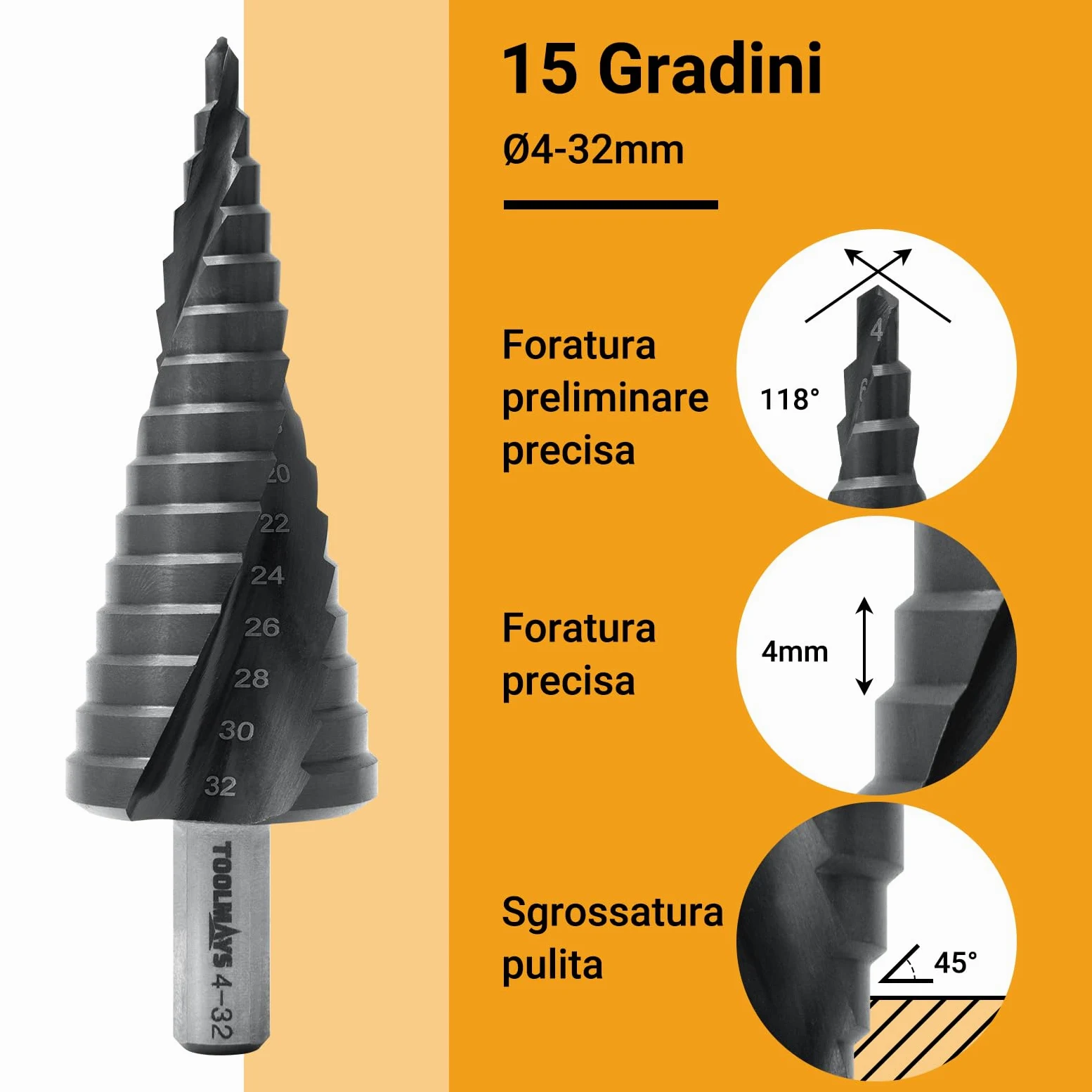 15 Livelli Fresa Conica M35 AlTiN, 4-32 mm, Punta Conica per Acciaio Inossidabile, Ferro, Alluminio, Plastica e Legno, Hss Punte Coniche Professionali