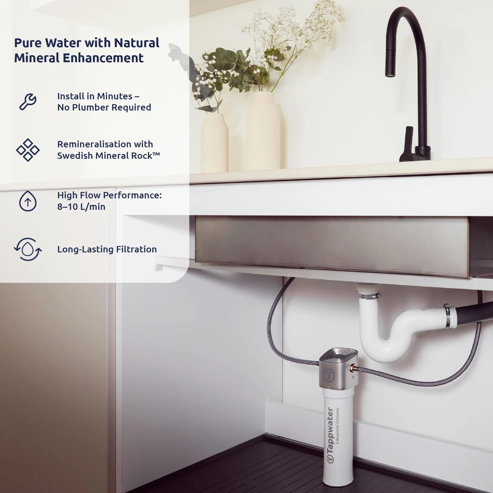 Tappwater InlinePro SMR Filtro acqua sottolavello 5 in 1 con rimineralizzazione naturale, alta capacità filtrante, rimuove +100 contaminanti, installazione rapida, sistema invisibile sotto il lavello