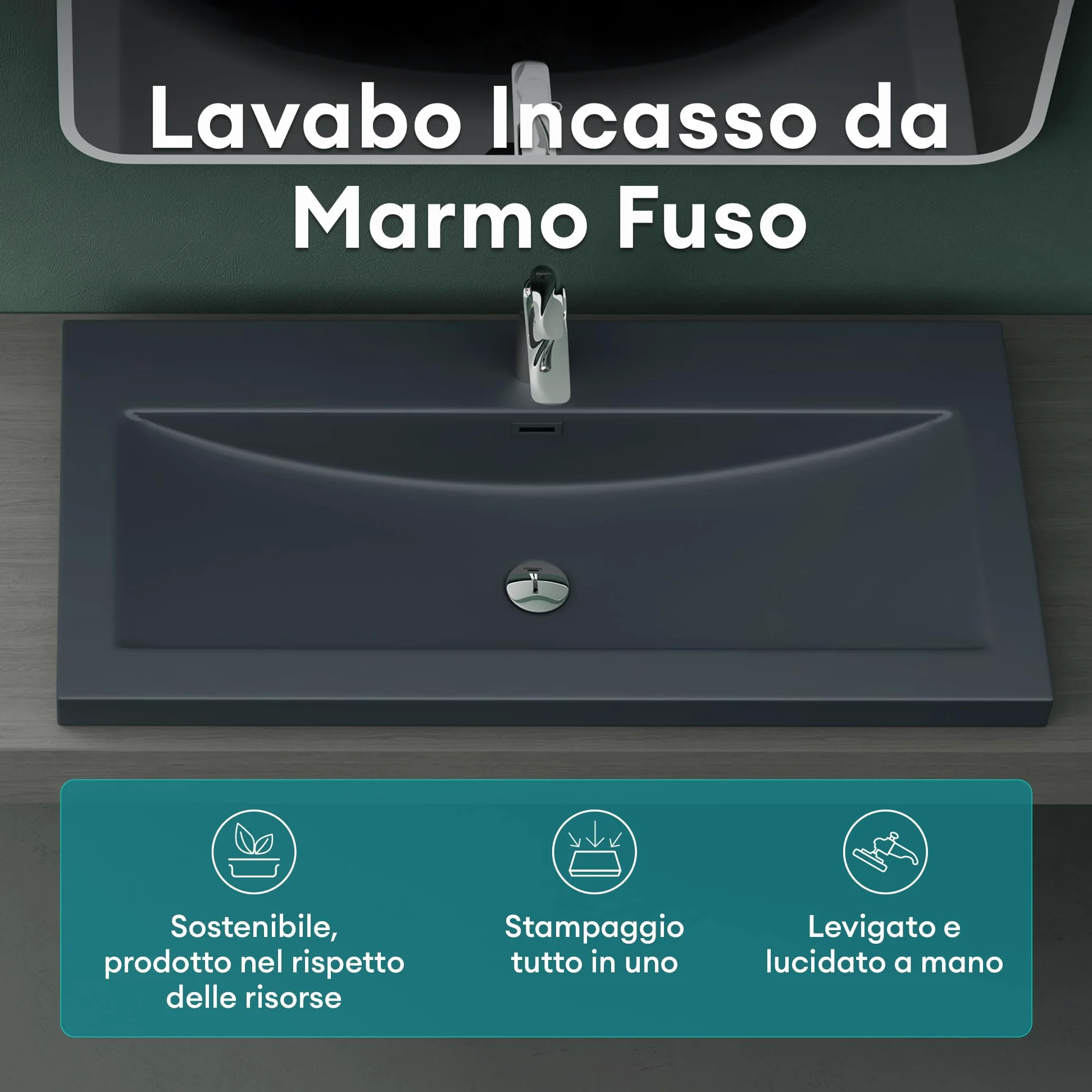Mai & Mai Lavabo Incasso 100x48x13cm, Lavabo Sottopiano Lavandino Bagno da Marmo fuso Colossum01-1000,Antracite opaco