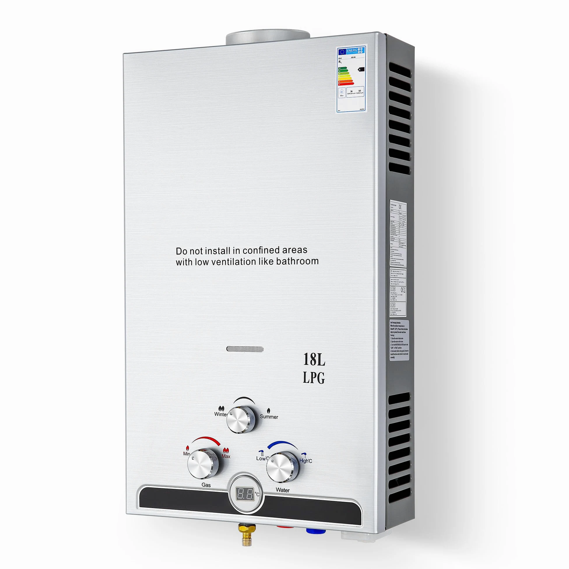 CO-Z 18L/min Scaldabagno a Gas GPL con Modalità Inverno ed Estate 30.6 kW Caldaia a Gas GPL a Parete senza Serbatoio Scaldabagno a Gas Butano con Anima in Rame e Display a LED