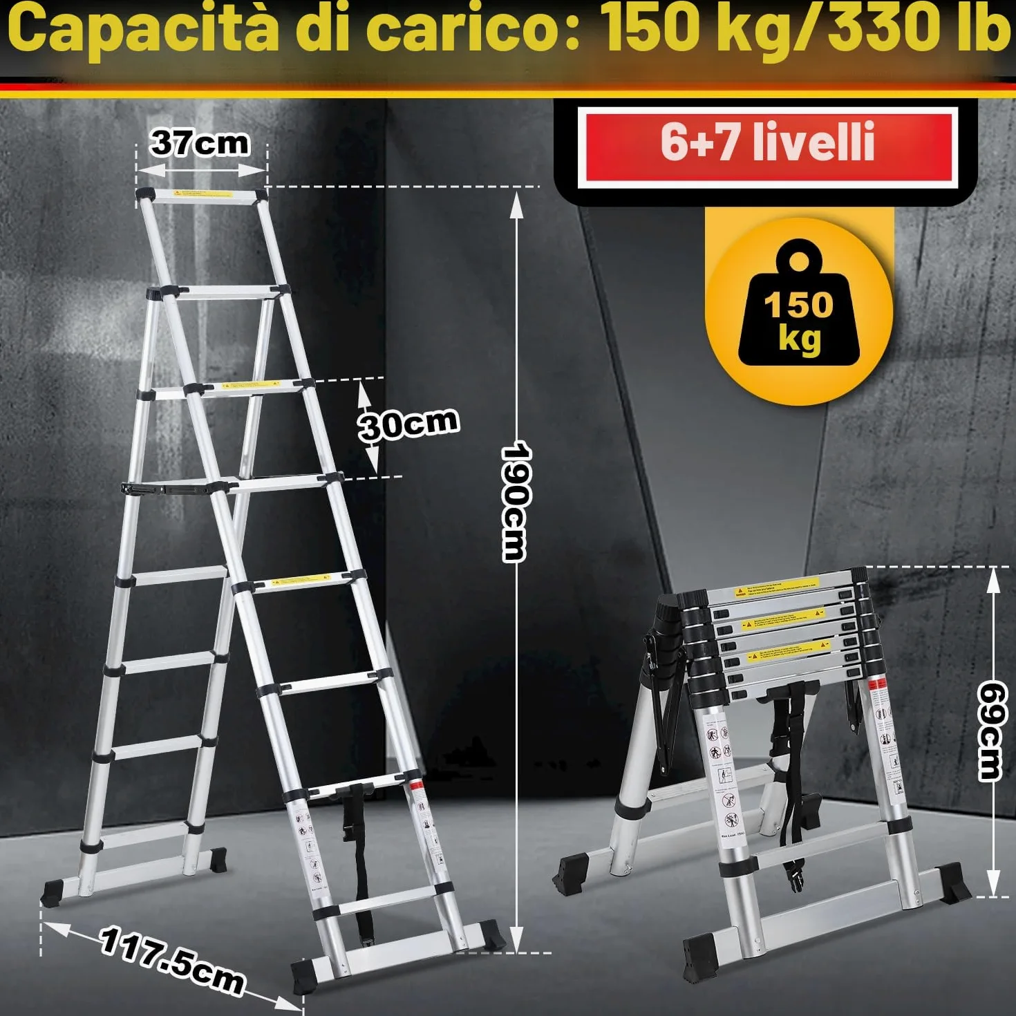 Lospitch - Scala telescopica pieghevole, 2 + 2,3 m, in alluminio, antiscivolo, multiuso, allungabile, telaio ad A, 6+7 pioli, portata 150 kg