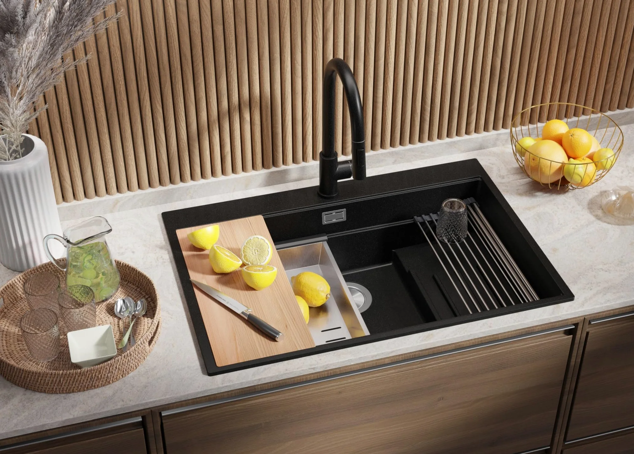 PRIMAGRAN Lavello da Cucina Nero 78x53cm, Lavandino in Granito a 1 vasca + Sifone Classico, Lavabo da Cucina Incasso al Mobile 80cm - Oslo Max Step S095
