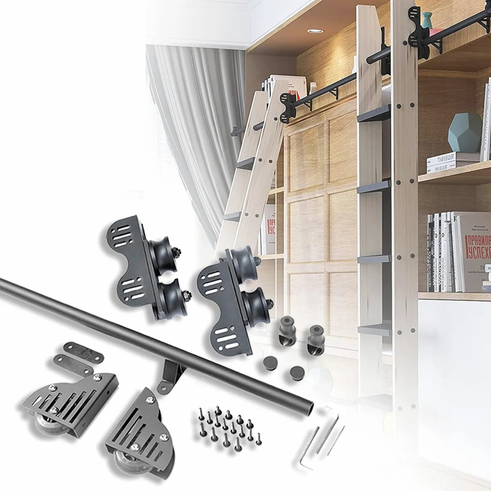 Kit Hardware per Scala Scorrevole, libreria Hardware per Scala Mobile Retrattile Binario di Scorrimento per Scala Mobile con Rullo da Pavimento in Acciaio Resistente